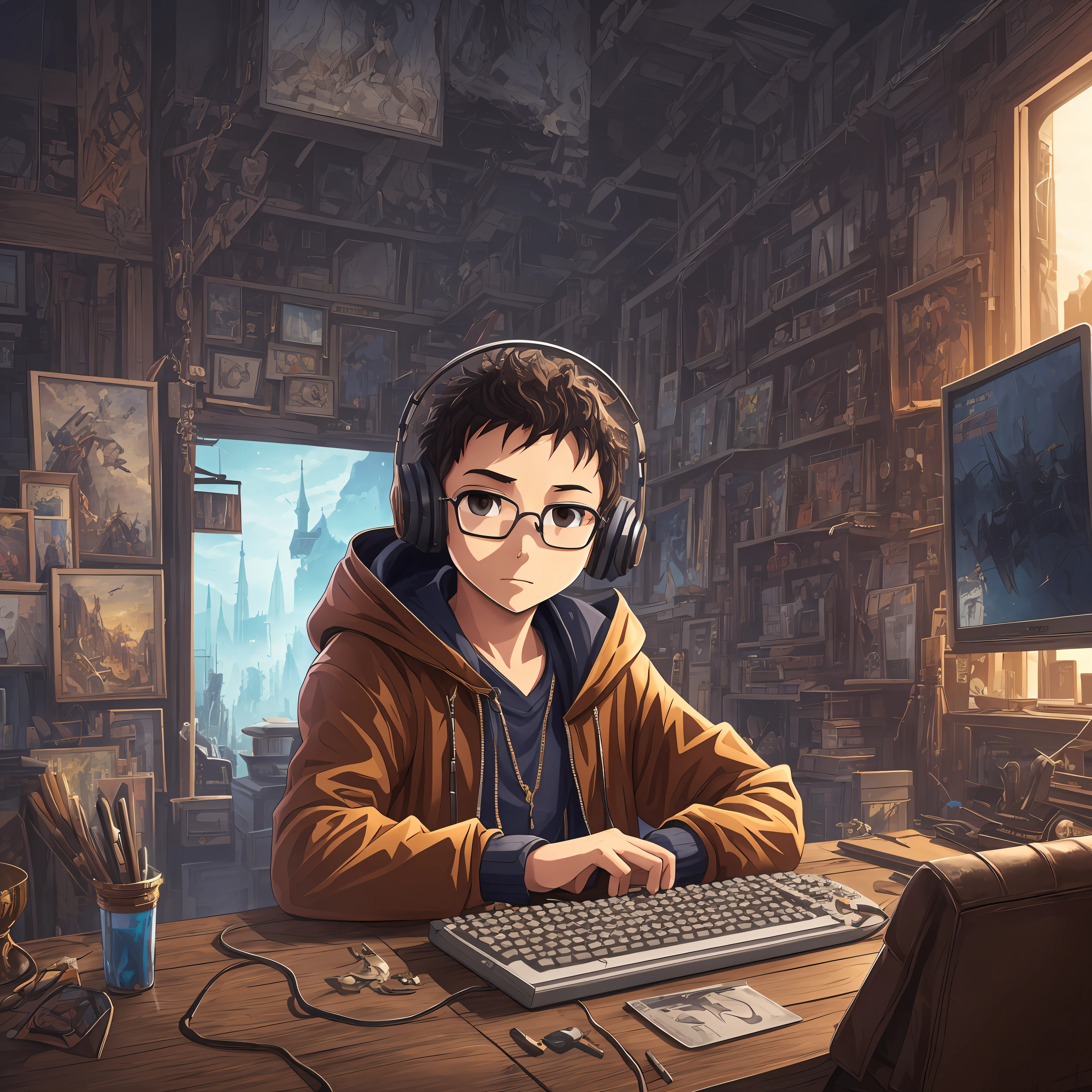 masterpiece, best illustration, solo, 1  african light brown skin brown eyes with glasses sitting, very short curly hair, keyboard \(computer\), leather trim, computer, monitor, hood, jacket, hood down, chair, headphones, city, instrument, cyberpunk, \(\(intricate details\)\),colorful details,iridescent colors BREAK,\(\(best quality masterpiece\)\),4k,ultra detailed,detailed lighting,\ (\(inspired by Hayao Miyazaki\)\),official art,promotional art,composition,