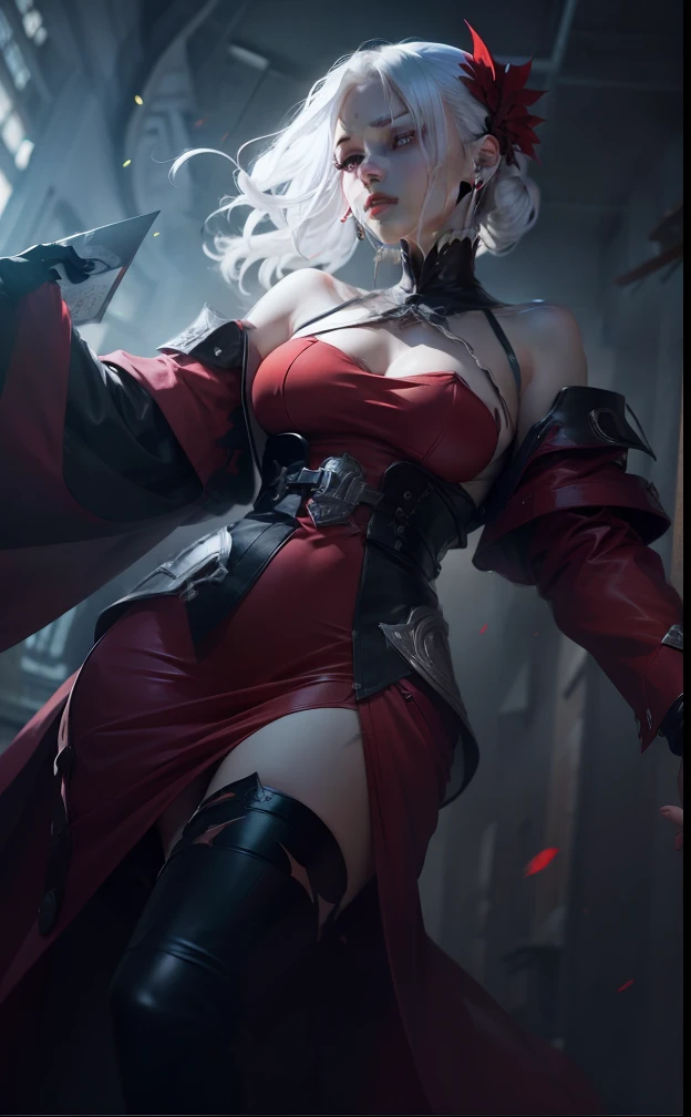 red clothes, white hair, sharp eyes
