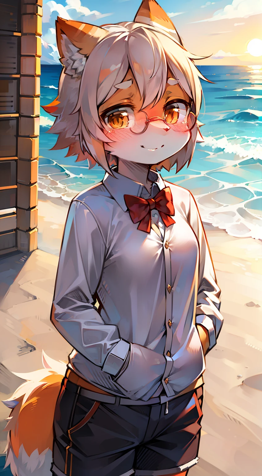 Solo, kemono, female, orange and white hair, wear glasses, wear red bow tie, wear white shirt, wear very shorts pants, fluffy tail, standing on beach, look at camera, smile to camera, blushes, beach background, day time