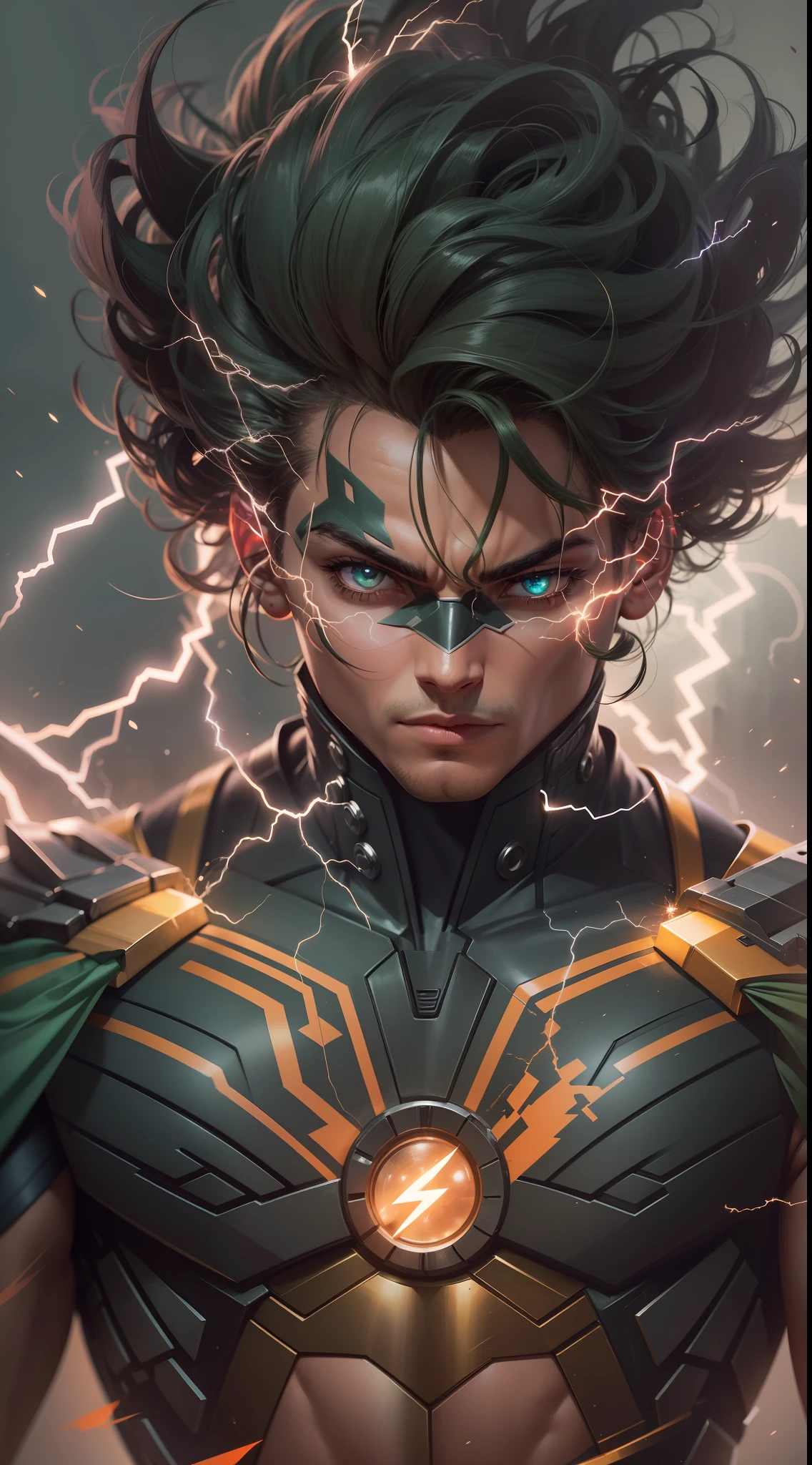Ultra resolution 8K), (impresionante obra maestra), Stunning illustration of the superhero "Voltio Esmeralda": With palpable energy, Voltio Esmeralda irradia vitalidad con su piel resplandeciente de un verde brillante. Su cabello es como hilos de electricidad en movimiento, and his eyes flash with an electric spark. Viste un traje ajustado en tonos verdes y dorados, with lines that run through your body like living circuits. Athletic and muscular body His gloves generate electrical energy fields that he can manipulate at will. Can launch lightning strikes and controlled electric shocks, and can fly using electrical impulses. His suit is equipped with technology that allows him to store and release electrical energy, giving you a wide range of electricity-related skills. Cinematic lighting, action scene, agregar efecto al final
