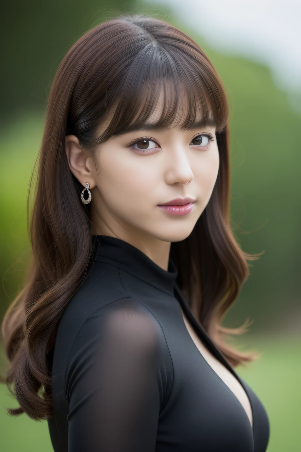 (((Realistic costumes of Black Widow))),Best Quality, masutepiece, hight resolution, extremely delicate and beautiful, extra detailed face, extremely detailed eye, Upper body, beautiful mature women, (24 instars), Seductive smile , Curled Hair, Long hair, Dancing,Windy, Curled Hair, Windy, Best Quality, 超A high resolution, Best Quality, 超A high resolution, Black hair, Blunt bangs, Parted bangs, earrings