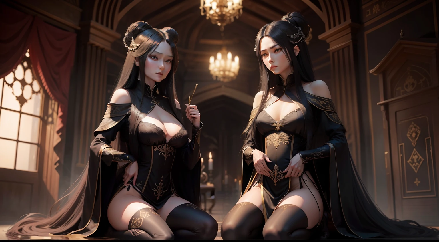 blacksilk,long leges,low chest,Raised sexy,Best quality,Royal sister,long whitr hair