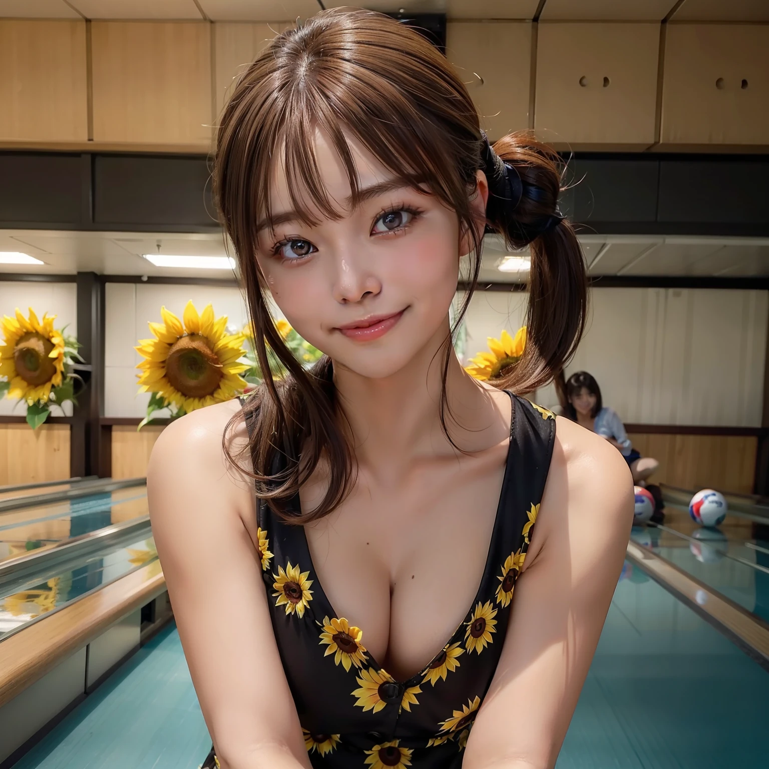 Exquisite facial features、de pele branca、Skin Color、Being in the bowling alley、Medium chest、a beauty、Sunflower dress、Brown hair、poneyTail、Dazzling smile