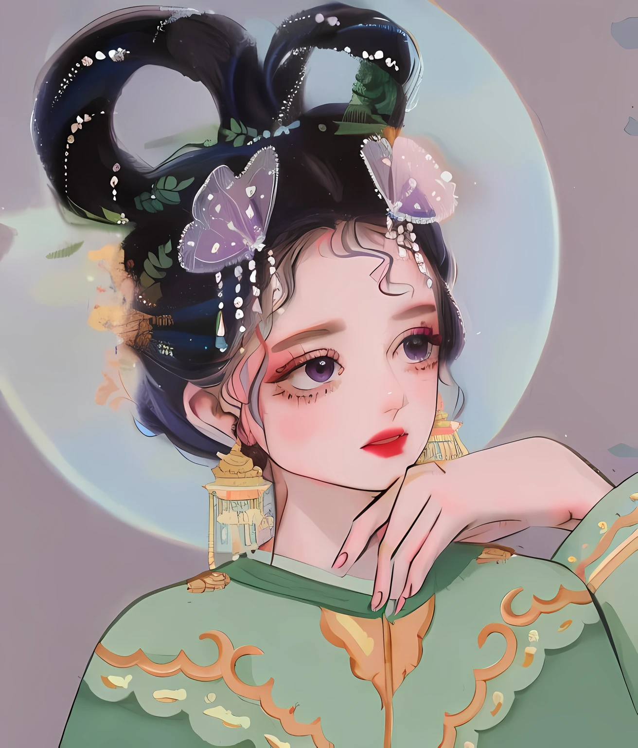 Draw a woman in a green dress and purple headdress, Palace , A girl in Hanfu, Guviz-style artwork, Inspired by Lan Ying, A beautiful artwork illustration, Inspired by Qiu Ying, in the art style of bowater, Beautiful character painting, inspired by Wu Bin, Princesa chinesa antiga, Exquisite digital illustration