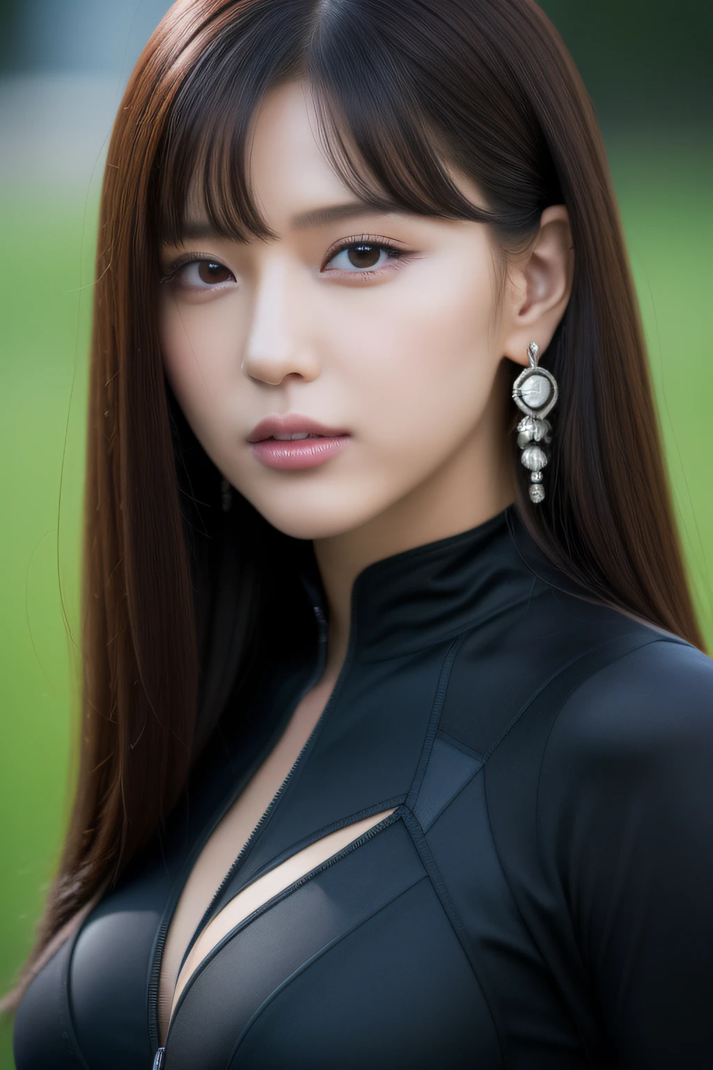 (((Realistic costumes of Black Widow))),Best Quality, masutepiece, hight resolution, extremely delicate and beautiful, extra detailed face, extremely detailed eye, Upper body, beautiful mature women, (24 instars), Seductive smile , Curled Hair, Long hair, Dancing,Windy, Curled Hair, Windy, Best Quality, 超A high resolution, Best Quality, 超A high resolution, Black hair, Blunt bangs, Parted bangs, earrings