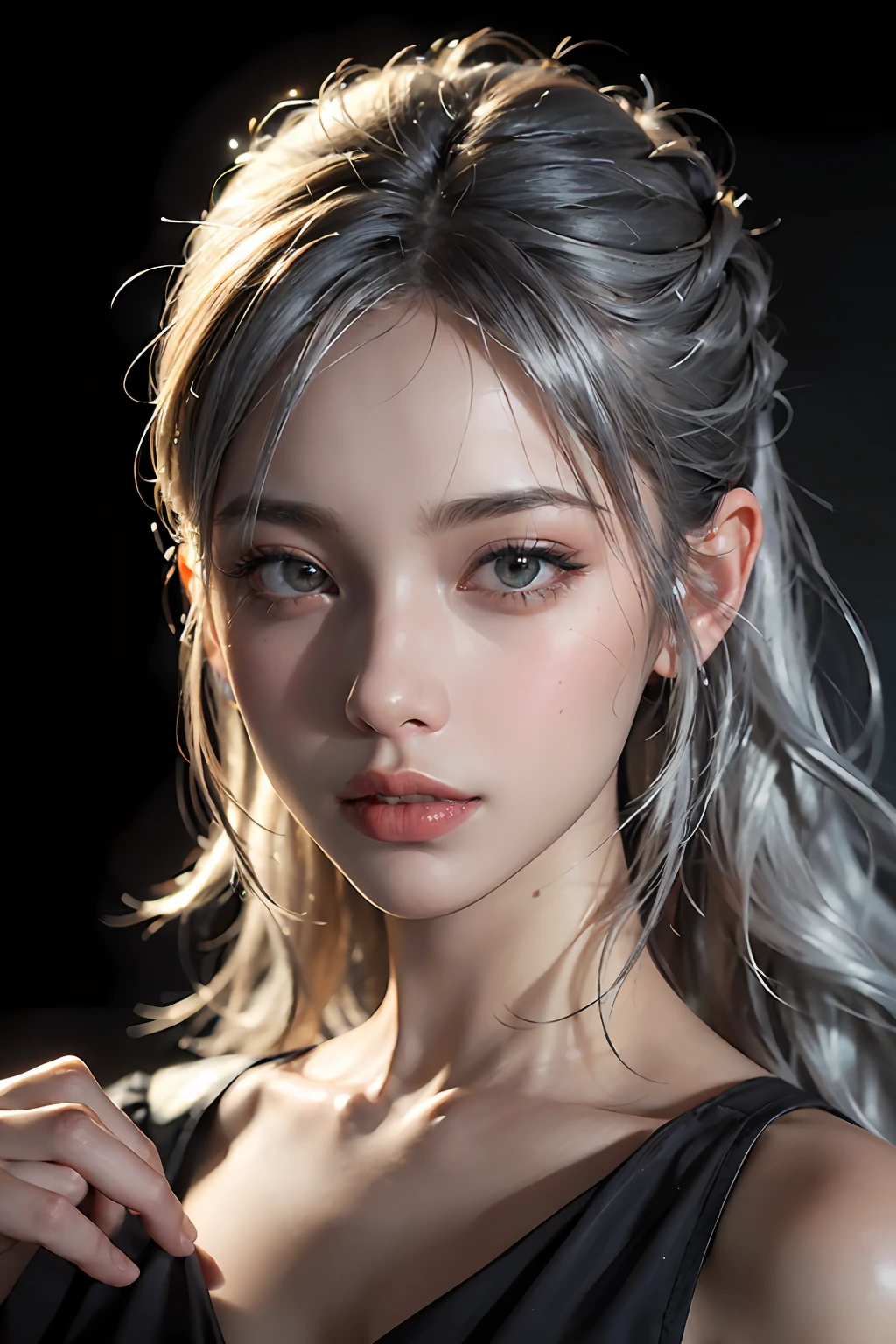 A close up of a woman with long hair and a black dress - SeaArt AI