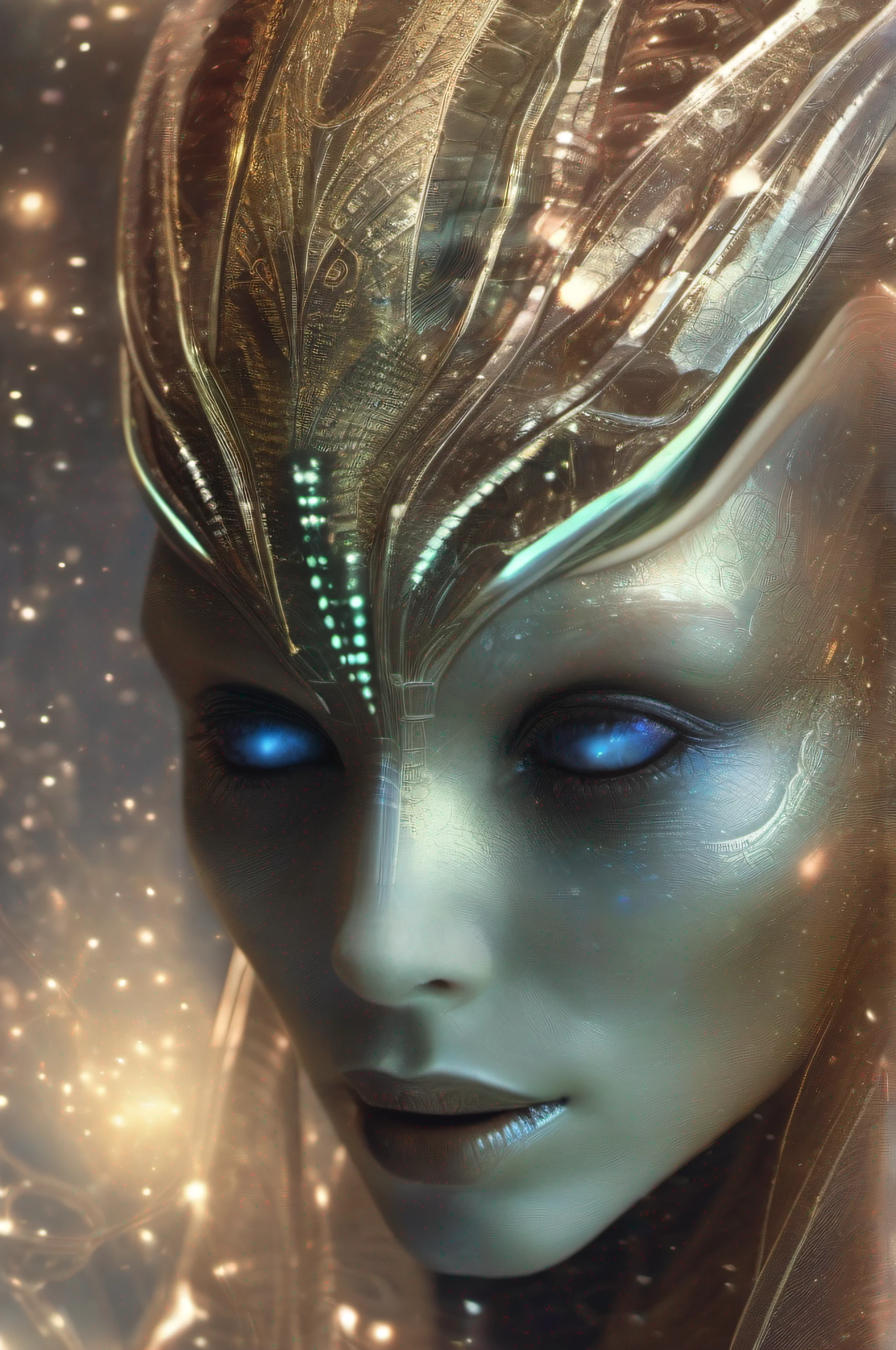Ghostly portrait of a futuristic alien from another dimension creator of the universe with powerful ancient magic from an unknown dimension
