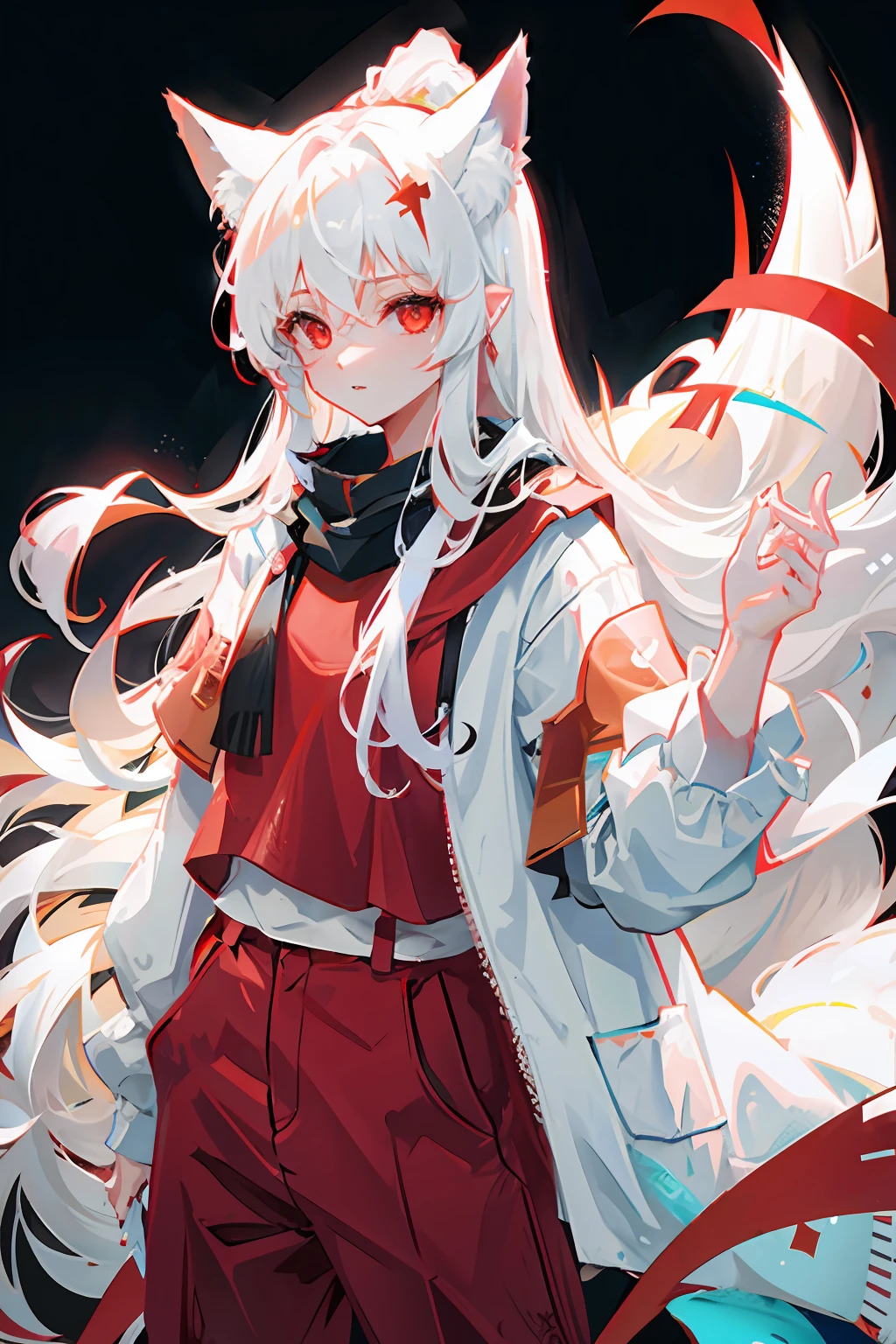 1 guy with long white hair, red eyes, fox ears and 9 tails