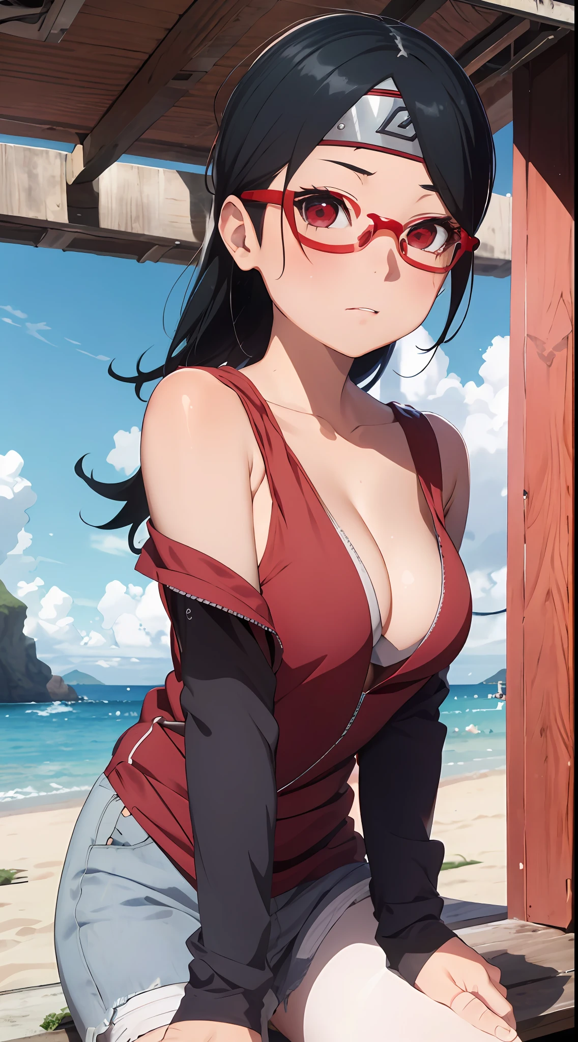 1 rapariga, Naruto's forehead,Photo assignment,Red glasses frame, Beach postcard,(Off-the-shoulder attire) Models, MagazineCover, little breast,Beautiful model, adolable, small, perfect hand,((Lori huge breasts cleavage)), cleavage, Chubby body, underdressing, posing on the beach, hand free, tmasterpiece, Defiant eyes, ahegao, gravure model, beautiful cinematography, k hd, Perspective from above, Old in sight, uchiha sarada, drops of sweat, Be red in the face, the sunset, cametto