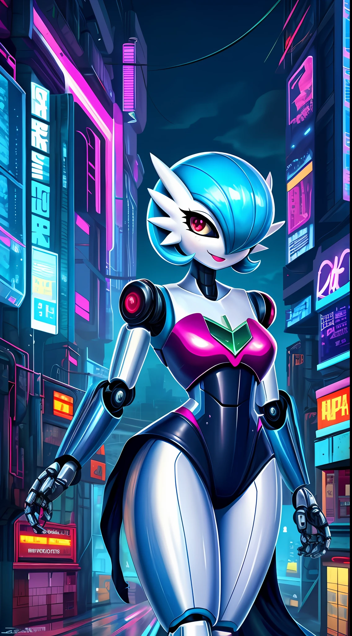 Gardevoir [pokemon], best quality masterpiece, cyberpunk art style, sexy, horizontal pupils,feral,sonrisa,despistada,cheerful,mecanico,shiny skin,black eyes,mechanic,robot,black sclera,cute pose,shiny skin, metallic skin,robot face,city background,vestido blanco,