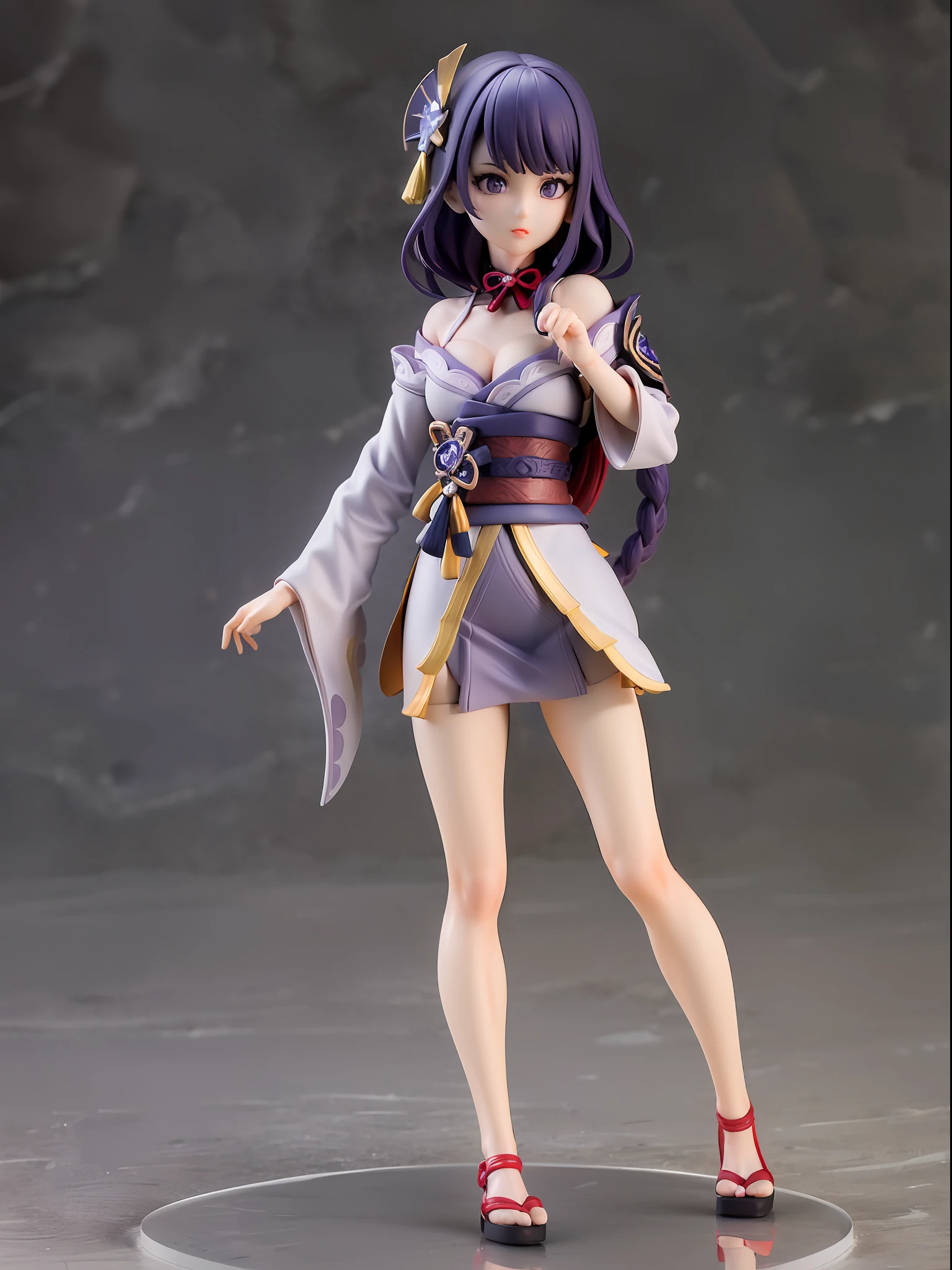 (Blind box toy style:1.3), ((Full body photo:1.5)) , 1 masterpiece, ((anatomy correct:1.4)),Best quality,,(((Raiden Shogun))) ((Genshin Impact)), 1 girl solo, Slim little kimono,Purple stockings,Slender legs,The clothes slipped off the shoulders,Expose the upper part of the chest, dreamy glow, Clean, Purple clean background ,(circular base:1.3)( Global illumination, Ray traching, hdr, unreal render,reasonable design, high detal, Masterpiece, Best quality, hyper HD, Cinematic lighting)