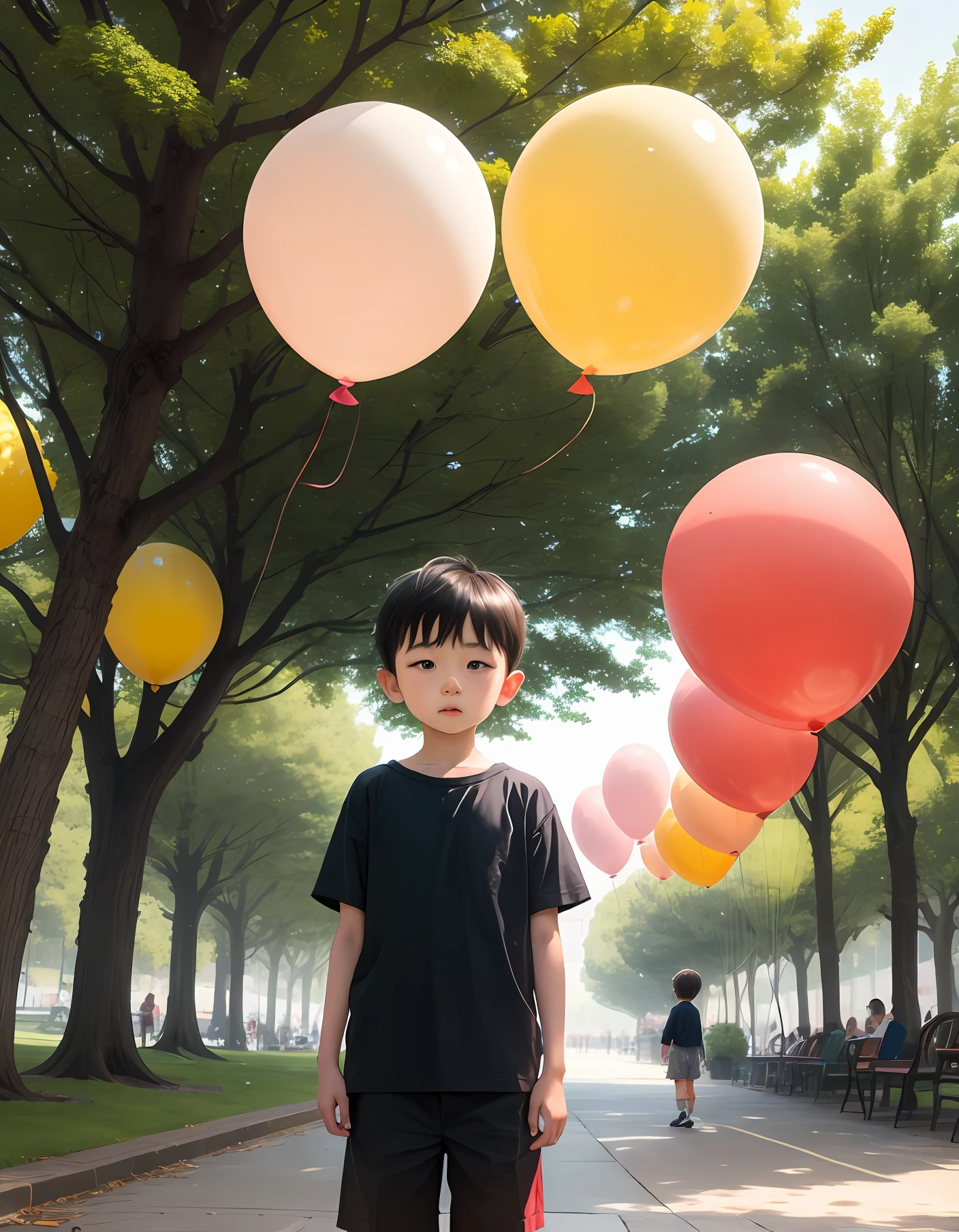 A  stands under a big tree with a balloon。