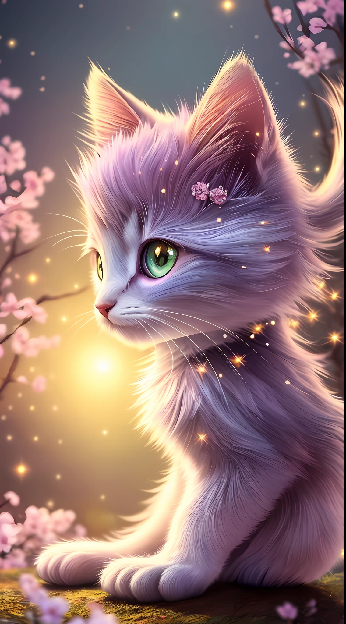 side view, oversaturate, colorfully, Fairytale, dreamlike, Cinematic character render, oil painting, 3D, 8k resolution, sequins, glitter, sakura forest, moonlight, Close up Portrait adorable chibi kawaii anthropomorphic kitten king, Detailed eyes, large round reflective eyes,