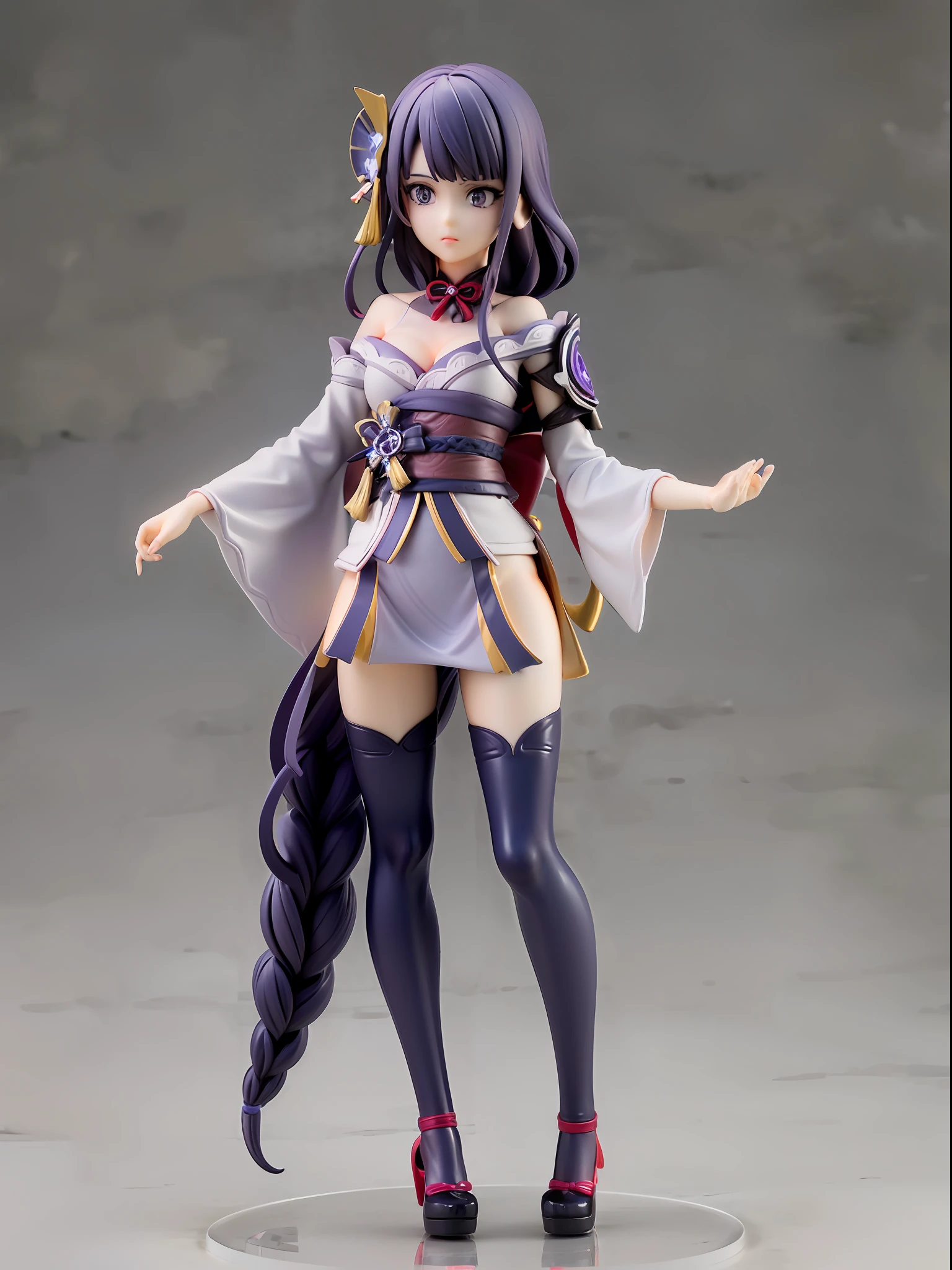 (Blind box toy style:1.3), ((Full body photo:1.5)) , 1 masterpiece, ((anatomy correct:1.4)),Best quality,,(((Raiden Shogun))) ((Genshin Impact)), 1 girl solo, Slim little kimono,Purple stockings,Slender legs,The clothes slipped off the shoulders,Expose the upper part of the chest, dreamy glow, Clean, Purple clean background ,(circular base:1.3)( Global illumination, Ray traching, hdr, unreal render,reasonable design, high detal, Masterpiece, Best quality, hyper HD, Cinematic lighting)