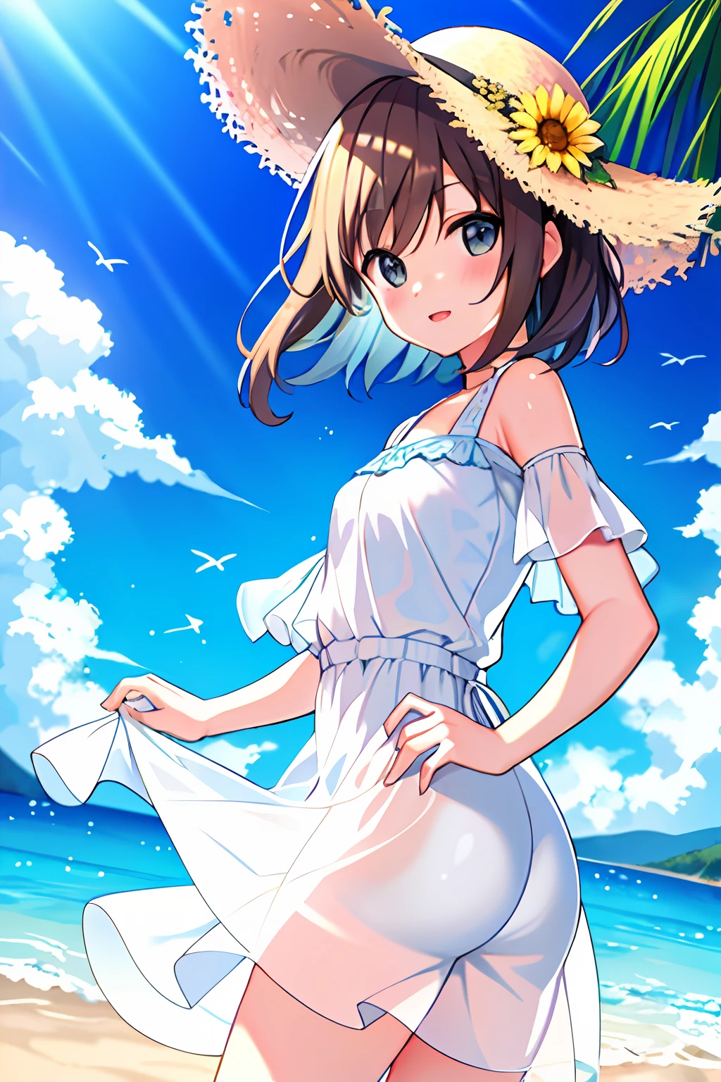Girl in transparent clothes, beachside, rays of sunshine, sandbeach, UHD, masterpiece, high details, best quality