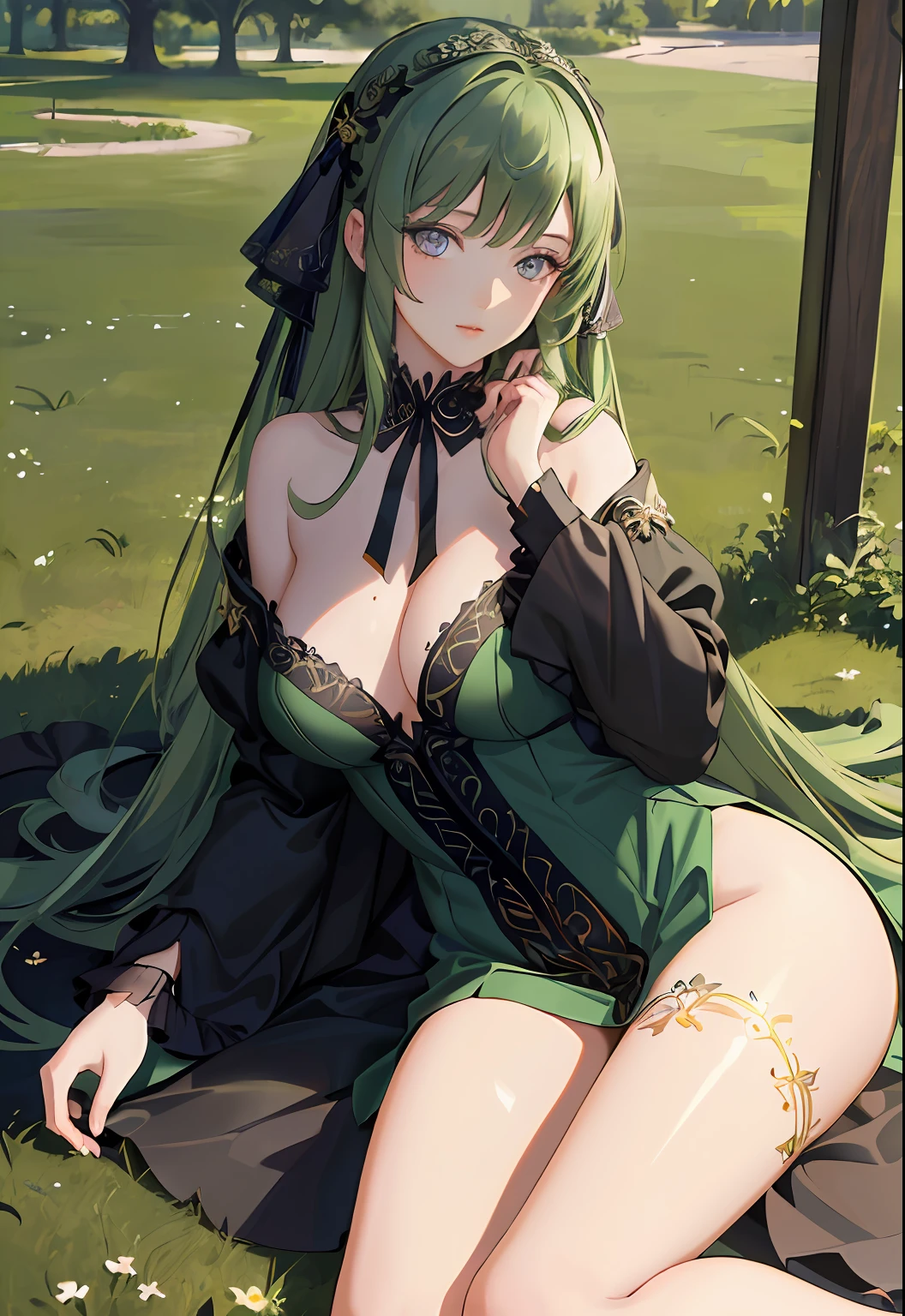 (Masterpiece, Best quality, Extremely detailed CG, Beautiful detailed eyes, Ultra-detailed, A high resolution, Intricate details:1.3), 8K wallpaper, (elaborate features:1.2), (1girll, Solo:1.3), (Realistic textures:1.4), Cute, (Vibrant colors, Dynamic lighting:1.2), (High contrast:0.9), in a panoramic view, (Delicate strokes:1.3), (Glossy glossy skin:1.1), one-girl,Full-figured, Raised sexy,Dark green hair, long whitr hair, Long legs, naked leg, The barefoot, transparent long sleeves, Lying on the lawn, Hair ribbon, Chiaroscuro, hyper HD, ccurate, ccurate, High details, Best quality