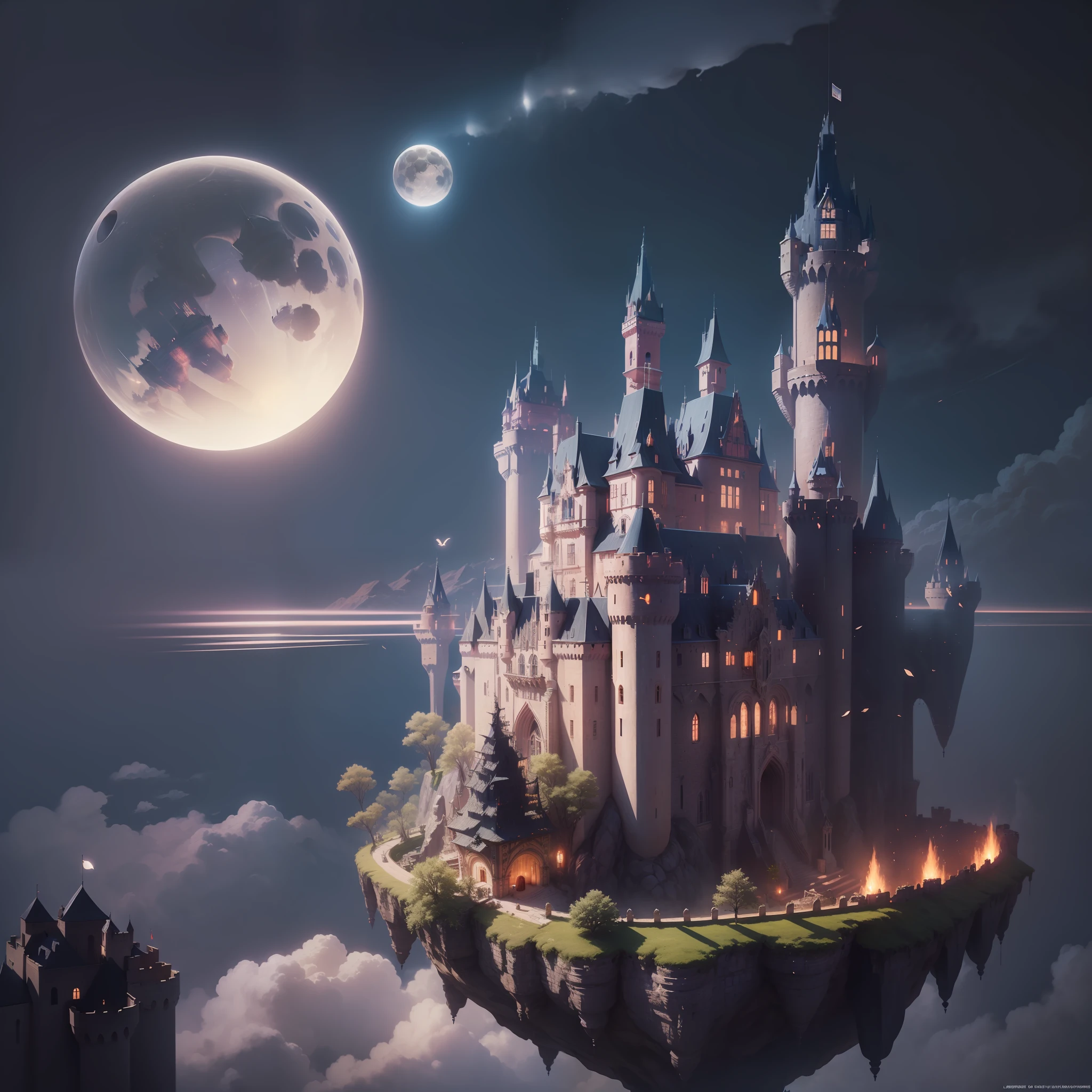 (A castle suspended in the air:1.5)，levitating，the night，（Skysky、borgar、fanciful、themoon、rays of moonlight、the night），Amazing plant growth，extremy detailed，realistic raytraicing，Epic composition，（complexdetails），（Complex design，hyper-detailing：1.2），art  stations，（tmasterpiece，best qualtiy），hyper HD，32k，(A castle suspended in the air:1.5)，levitating