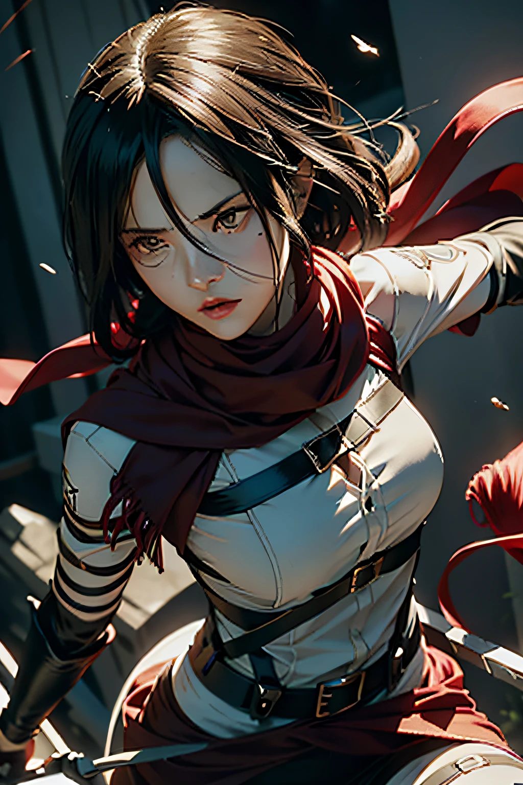 mikasa ackerman, Female action anime girl, badass posture, attack on titans, A scene from the《attack on titans》, female anime character, Female protagonist 👀 :8, fubuki, rogue anime girl, anime figure, (Attack on Titan anime), Female protagonist, trigger anime artstyle，1girl， dynamic angle， splashart， [（Arthur Dove's Art：0.7）|The art of Lyubov Popova]， rendering by octane， Complete shot of the charming Amish male silk weaver， CEL shadows， velvet， ribbons， offcial art， Unity 8k壁紙， ultra - detailed， aesthetics， tmasterpiece， best qualtiy， Photorealistic