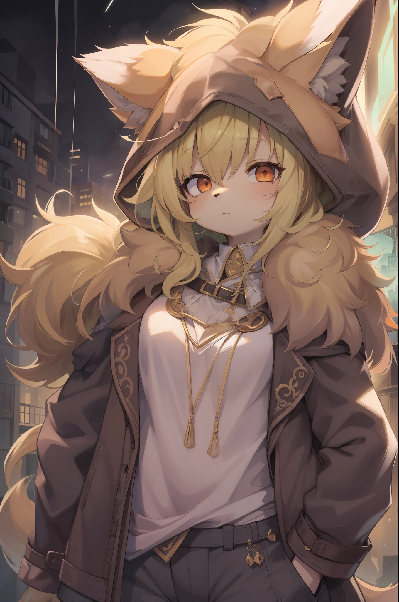 Shota the fox，hairy pubic，shaggy，Skin fur，Golden fur，Golden yellow face fur,Short straight blonde hair，Eyes have light，Red eyes，Brown elements on fur，Brown coat brown hood up，Star pattern white top，brown shorts，Beautiful lights and shadows，Ambient light，Ultra-fine fur，volumettic light,natural  lightting，Fluffy tail，Dilapidated building，Plant elements in ruins，lichen，There is no other life，Night，starrysky，Vast landscape，crossed bangs, Hairline, Shiny hair, lone nape hair, ，Dilated pupils，Sleepy，（moon full：1.2），（meteors：0.9），（Starcloud：1.3）（Warm light source：1.2），Rained，wetclothes, (overcast sky, Standing downpour:1.1), Extra-long sleeves， Purple and orange，Complicated details，Volumetriclighting，Realist breakthrough（tmasterpiece：1.2）（best qualtiy），4K，Ultra-delicate，（Dynamic configuration：1.4），Highly detailed and colorful details，（Irridescent color ：1.2），（luminouslighting，Atmospheric lighting），dream magical，magic，（独奏：1.2）Glowing light,Empty eyes