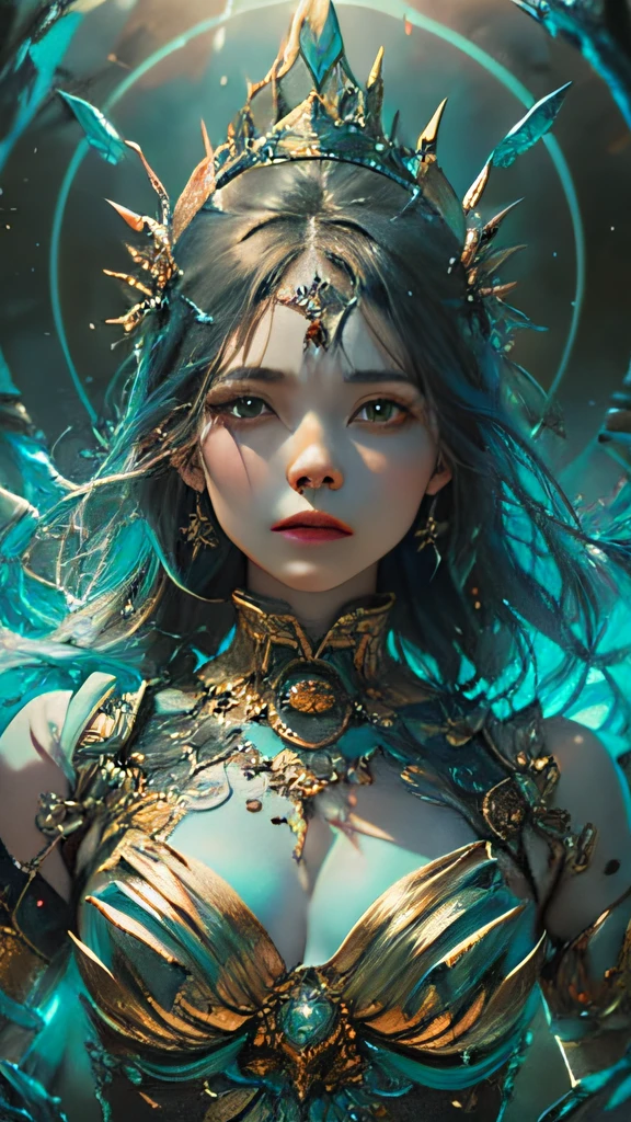 （（Bestquality））， （（A Masterpiece））， （（realisti））， portraits，1girle，full body portrait， celestial bodies， The god， a goddess， Light particles， Halo， looks at the viewer， Firm eyes， Bare Shoulders， Chest tube parietal， Poker face，（bioluminescense：0.9 girls 5）Ocean， bioluminescense， full of energy， colorful，，，， colour， （bioluminescence， bioluminescence），（Beautiful composition）， Cinematic Lights， Wheels within wheels， （symmetric：0.5 girls）， Whimsical，