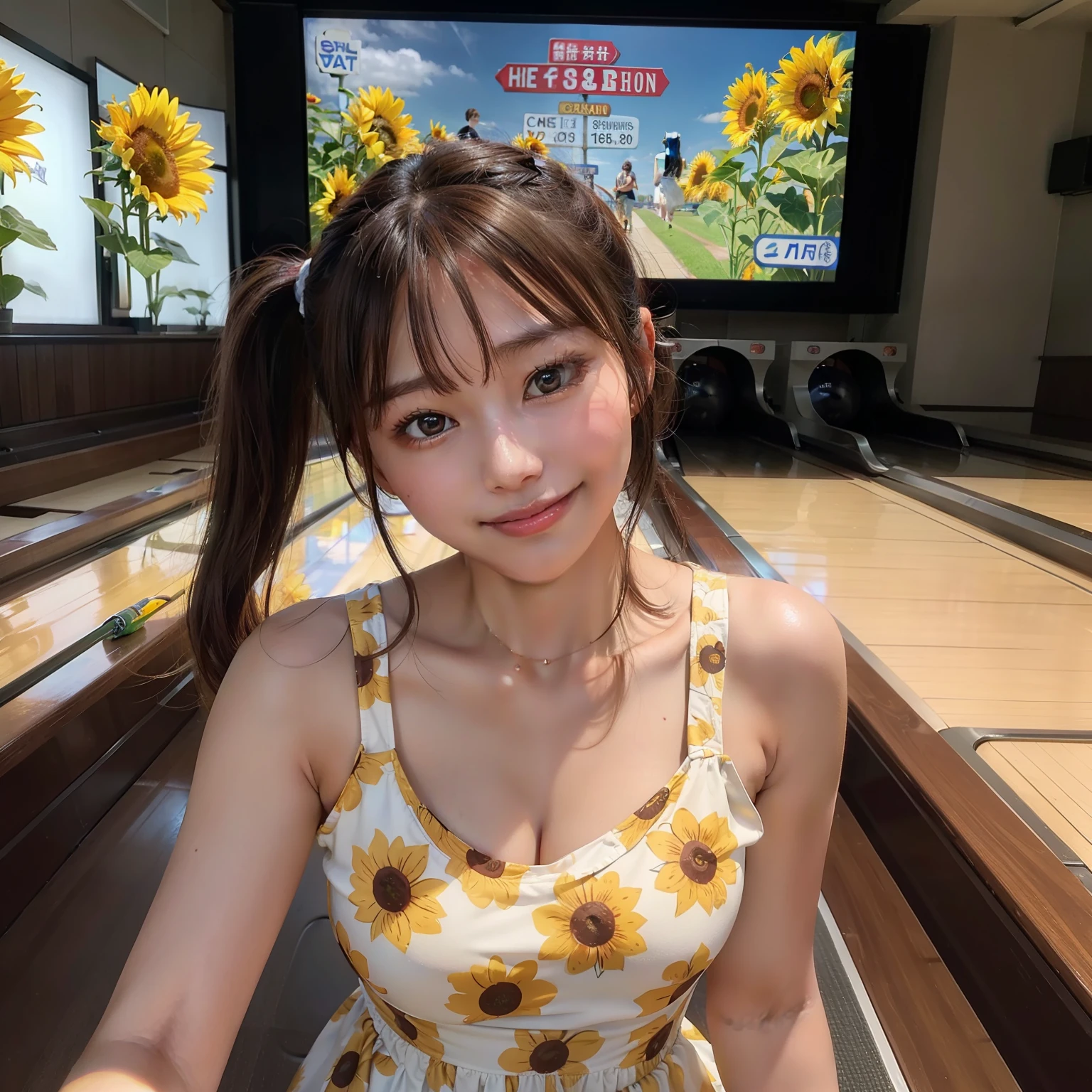 masterpiece、Exquisite facial features、de pele branca、Skin Color、Bowling alley dating、Medium chest、a beauty、Wearing a sunflower dress、Brown hair、poneyTail、Dazzling smile