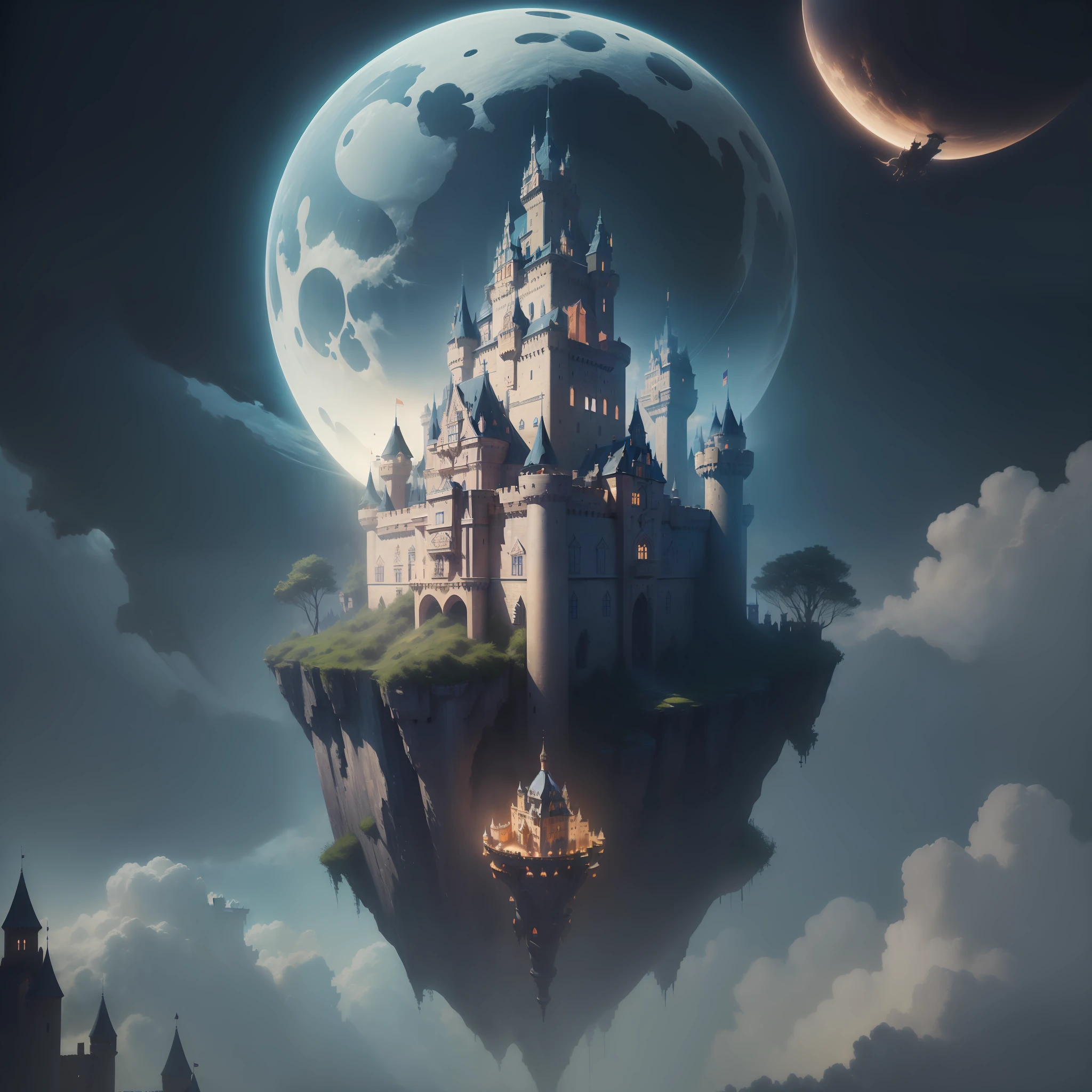 (A castle suspended in the air:1.5),levitating,the night,(Skysky、borgar、fanciful、themoon、rays of moonlight、the night),Amazing plant growth,extremy detailed,realistic raytraicing,Epic composition,(complexdetails),(Complex design,hyper-detailing:1.2),art stations,(tmasterpiece,best qualtiy),hyper HD,32k,(A castle suspended in the air:1.5),levitating