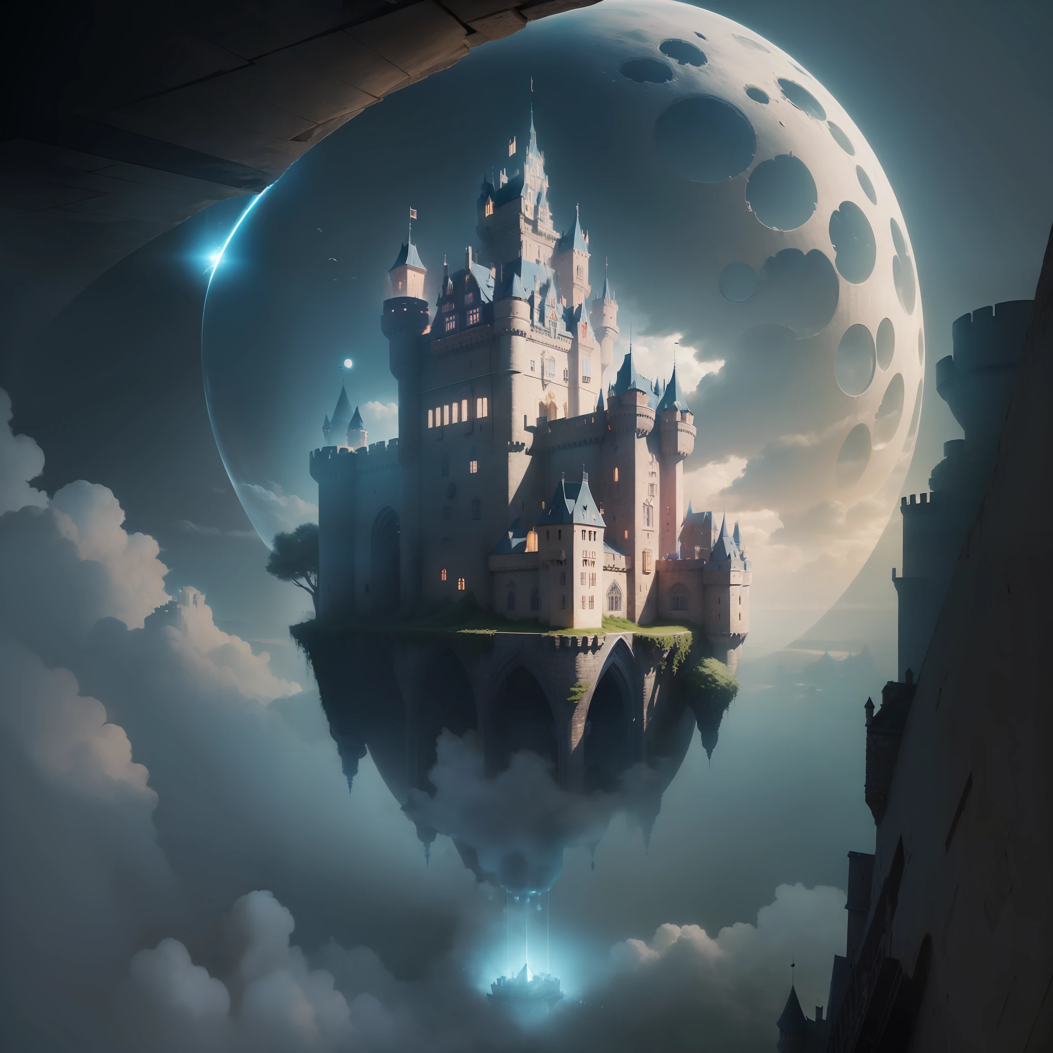 (A castle suspended in the air:1.5),levitating,the night,(Skysky、borgar、fanciful、themoon、rays of moonlight、the night),Amazing plant growth,extremy detailed,realistic raytraicing,Epic composition,(complexdetails),(Complex design,hyper-detailing:1.2),art stations,(tmasterpiece,best qualtiy),hyper HD,32k,(A castle suspended in the air:1.5),levitating
