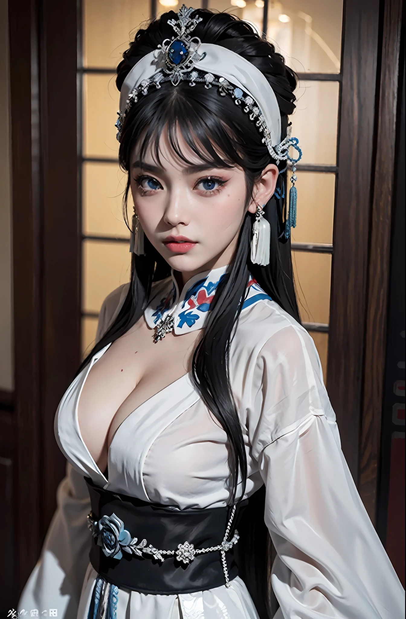 1girll,(Nordic supermodel),sface focus,(Peking Opera Half Noodles:1.2),(lucid blue eyes:1),(tmasterpiece,top-quality,best qualityer,offcial art,Beauty and aesthetics:1.2),up front view,facing to audience,(full bodyesbian:1.1),huge tit,underdressing