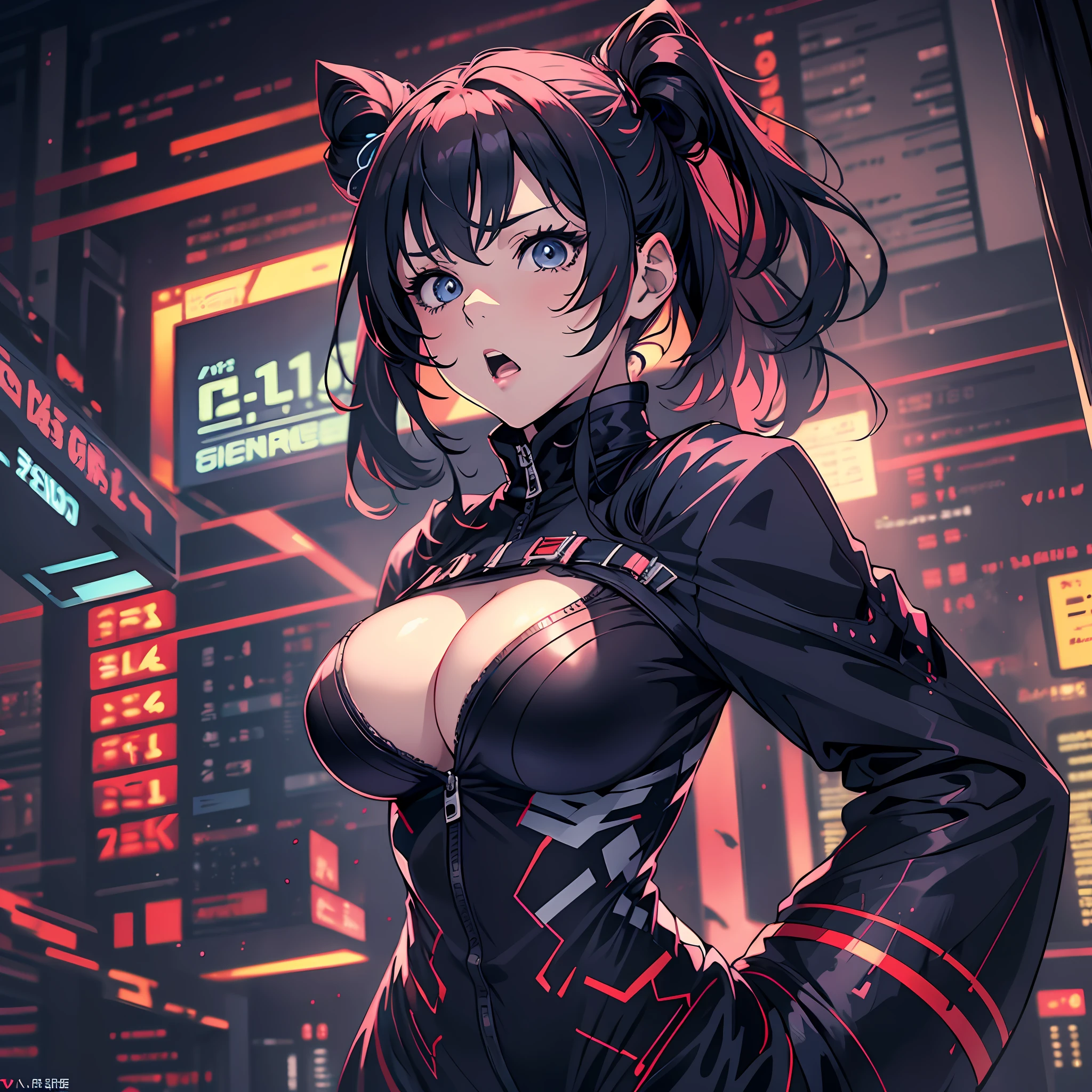 anime adult waifu with huge tits watching as the stock market crashes, (full body shot:1.4), (shocked face:1.4), (mature face:1.4), terrified expression:1.4), masterpiece, absurdes, beautiful shadow and lighting