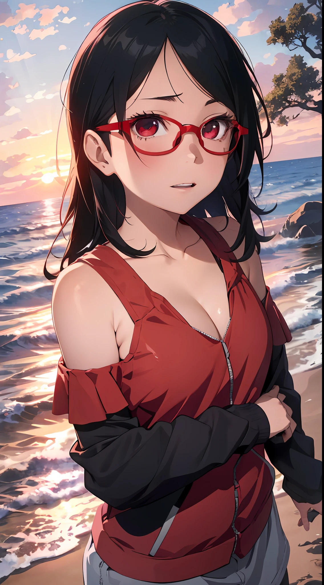 1 rapariga， Forehead，Photo assignment，Red glasses frame， Beach postcard，（Off-the-shoulder attire） Models，No shoulder strap， MagazineCover， little breast，Beautiful model， adolable， small， perfect hand，（（Lori huge breasts cleavage））， cleavage， Chubby body， underdressing， posing on the beach， hand free， tmasterpiece，  Defiant eyes， ahegao， gravure model， beautiful cinematography， k hd， Perspective from above， Old in sight， uchiha sarada， drops of sweat， Be red in the face， the sunset， cametto