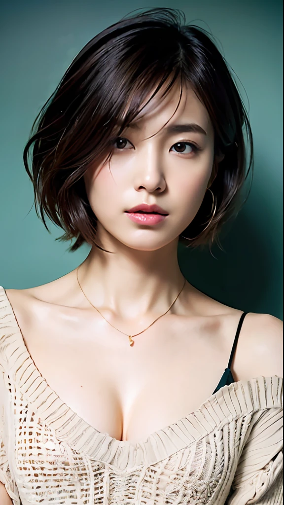 (Best quality, 8k, 32k, Masterpiece, UHD:1.3),Photo of Pretty Japanese woman, large breasts, very short bob hair, upper body,(oversized_sweater:1.1) ,necklace, healthy skin, simple background, looking down, simple background, cleavage view