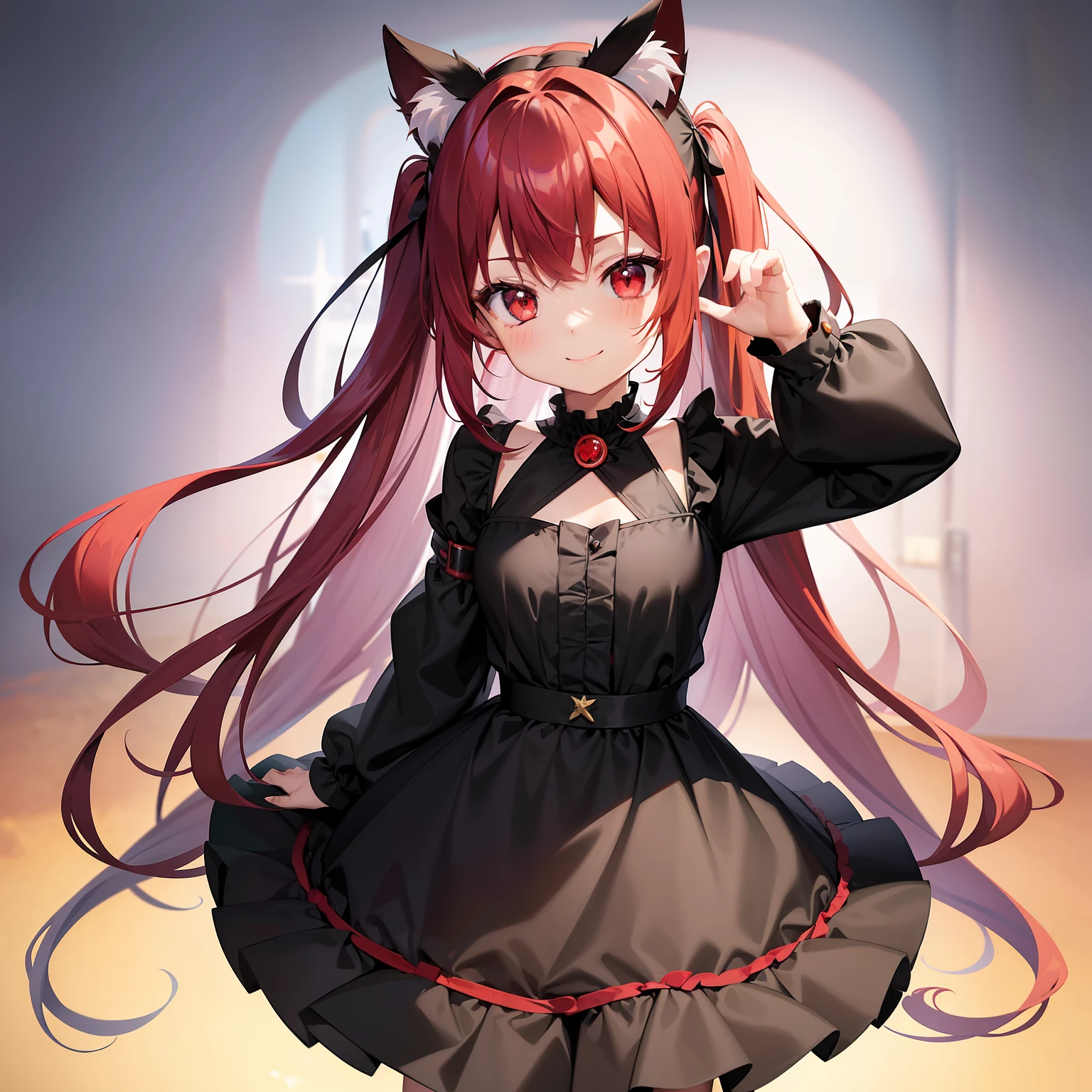 Anime filling,Two-dimensional illustration,Red hair,Half Twin Tail,shorth hair,Big eyes,A smile,a beauty girl,cute little,Super Cute,Black cat ears,Red Eyes,Ruffled Clothes,Black lace clothes,Inner colorGreen,One girl,Full body painting,A masterpiece of 2D art,(masterpiece,Top image quality:1.3),(detaile:1.2),(女の子1人)