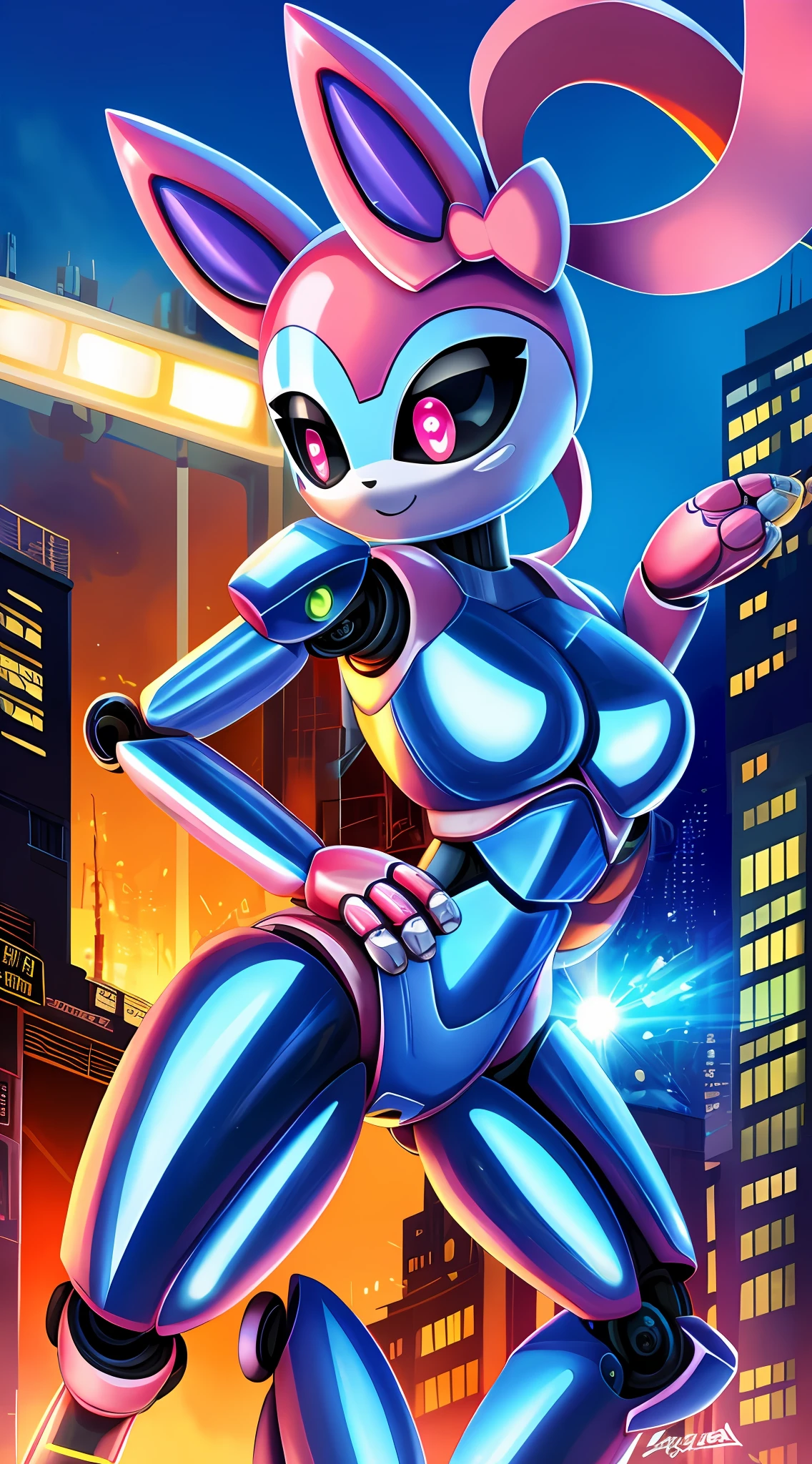 Sylveon [pokemon], best quality masterpiece, future art style, sexy, horizontal pupils,feral,sonrisa,despistada,cheerful,mecanico,shiny skin,black eyes,mechanic,robot,vagina,black sclera,cute pose,shiny skin, metallic skin,robot face,city background,nsfw,vagina