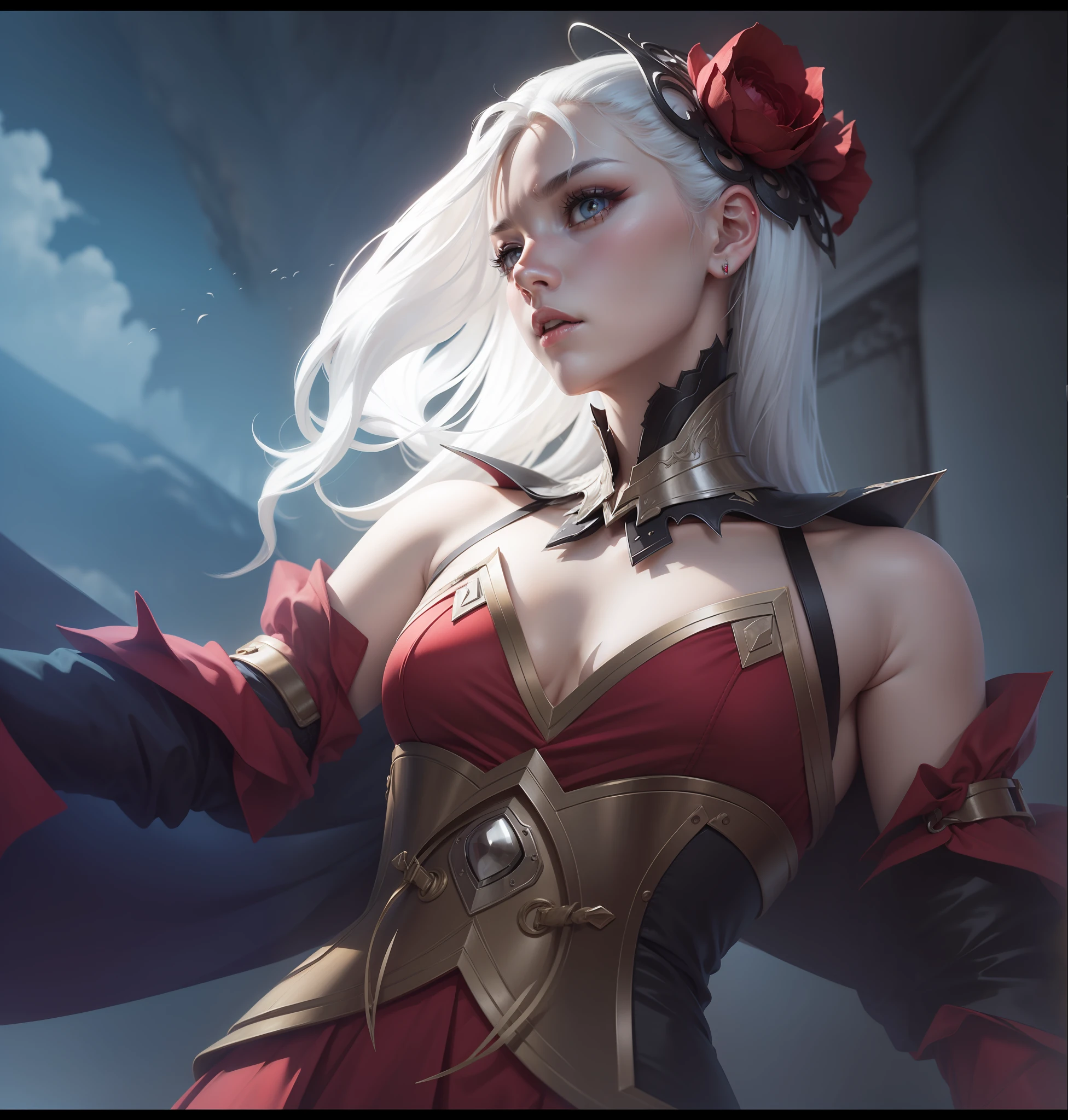 red clothes, white hair, sharp eyes
