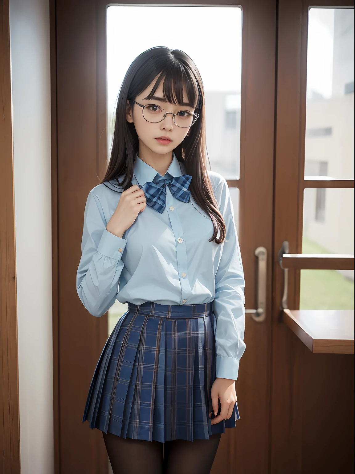 (8K、Raw photography、top-quality、masterpiece:1.2),Bullish,Muchimuchi,Erotic,Pupils,Light Blue Bra,de pele branca,kne,(Black pantyhose),absurderes,a small face,small tits,flat breast,Parting the bangs from the middle、Forehead visible,(a cold expression<Tight eyes,glares,Bullish,skinny,Rasping,irate)、masterpiece,top-quality、超A high resolution,Raw photo,ren,Beautiful fece,One Person, 独奏,eye glass,,Dark look,Small breasts,fullllbody,Round glasses、cute little、JK school uniform,hi-school girl,A Japanese Lady,is standing,(Photorealsitic:1.37)、Photon mapping,Light blue ribbon,Realistic、Cute little face,Brown-eyed、Black socks、(Red bow tie)、Radio City、Physically Based Rendering、Foreground、depth of fields、Blurry background、a picture,The girls、Body,beauty legs, Long legs, Thin leg,Tie your hair in one strand,(Bangs are visible), hair, s lips, Blue_The eye, nosesoft,(Light blue shirt), (Navy and blue and white plaid pleated skirt), Knees are visible,Sheer clothing,, Thigh, Black cotton socks,Nogizaka Idol, 女優, Japanese ido