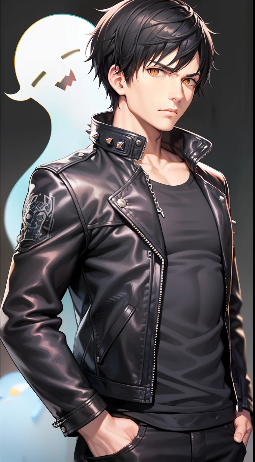 Grown-up guy, Short black hair, Orange Eyes, leather jacket with spikes, chain, Ghost Rider, Masterpiece, hiquality
