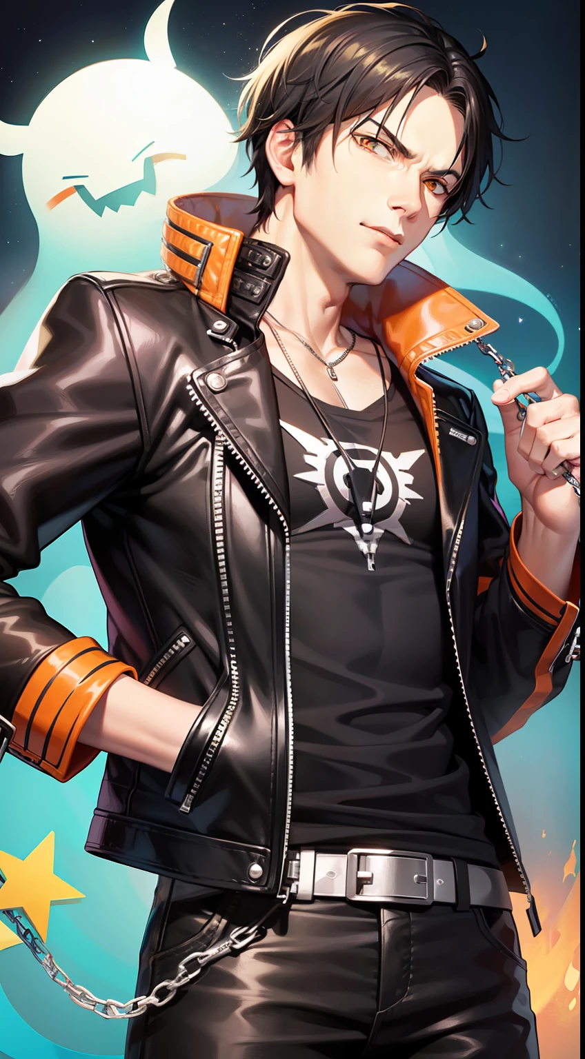 Grown-up guy, Short black hair, Orange Eyes, leather jacket with spikes, chain, Ghost Rider, Masterpiece, hiquality