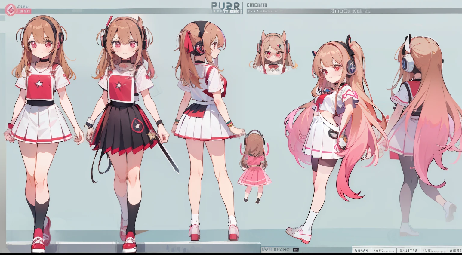 ((Masterpiece, highest quality)), character sheet, vtuber, vtuber-fullbody, full body, detailed face, full of details, highly detailed, depth, 1girl, girl in a skirt and headphones, :3, long hair, bangs, multicolored hair, two-tone hair, gradient hair, [[brown hair]], brown hair with pink tips, [[[[[[pink hair]]]]]], black crop top, red skirt, pleated skirt, stockings, red shoes, black choker, red eyes, star (symbol), star-shaped pupils