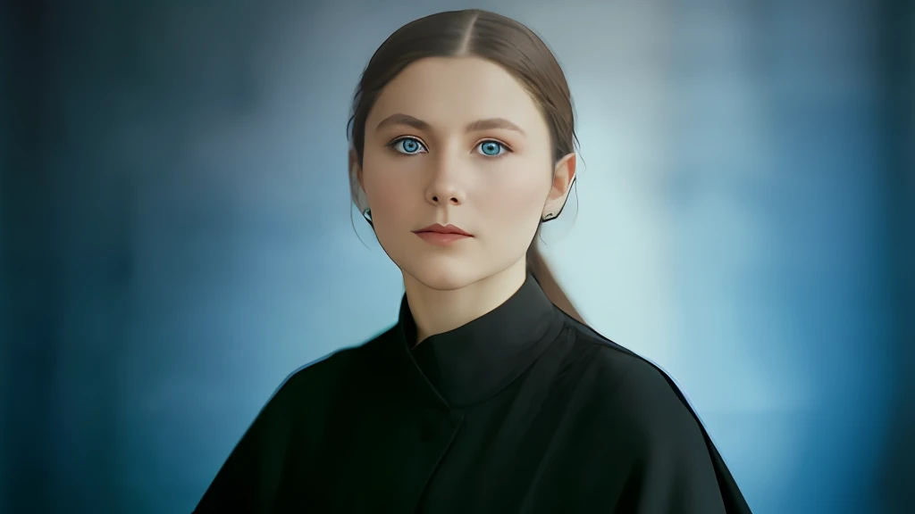 pintura de uma mulher com uma camisa preta e um fundo azul, uma foto colorida, foto colorida, retrato colorido, Anna Kovalevskaya, fotografia colorida, colorido, Retrato de Lumastina Celerraria, Retrato de Sanna Marin, Retrato NFT, foto colorida premiada, inspirado em Thomas Millie Dow, Directed by: Anna Füssli