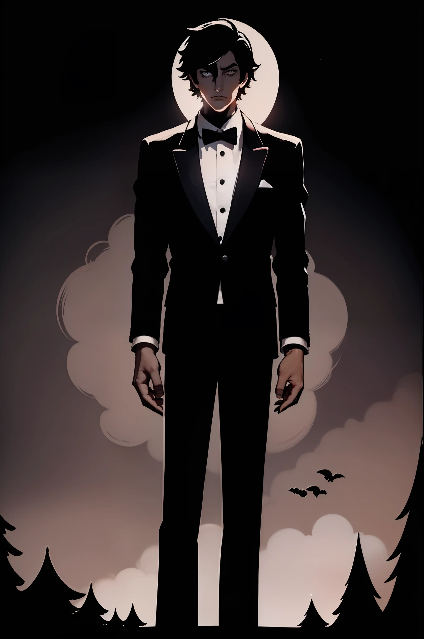 Cartoon,Black background,blacksuit,Moon,Tall boyfriend,Eat dinner,Cold,arrogant,Look up,multi-perspective,Pan,low head,Beauty