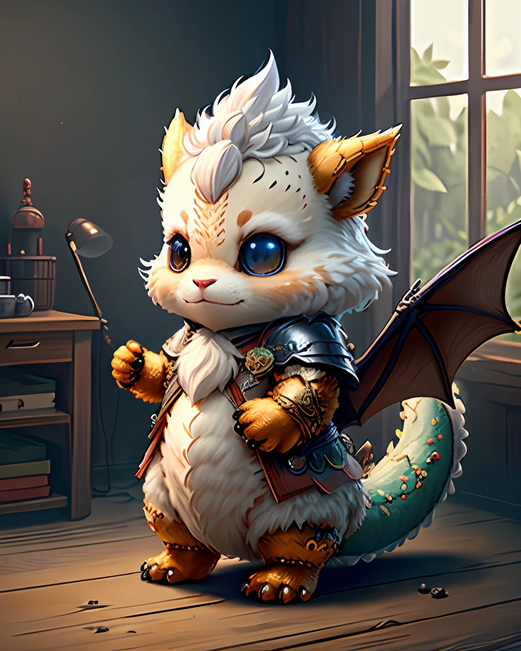 super cute fluffy dragon in armor, photorealistic, 8K, ultra detailed, vray rendering, unreal engine, midjourneyart style,