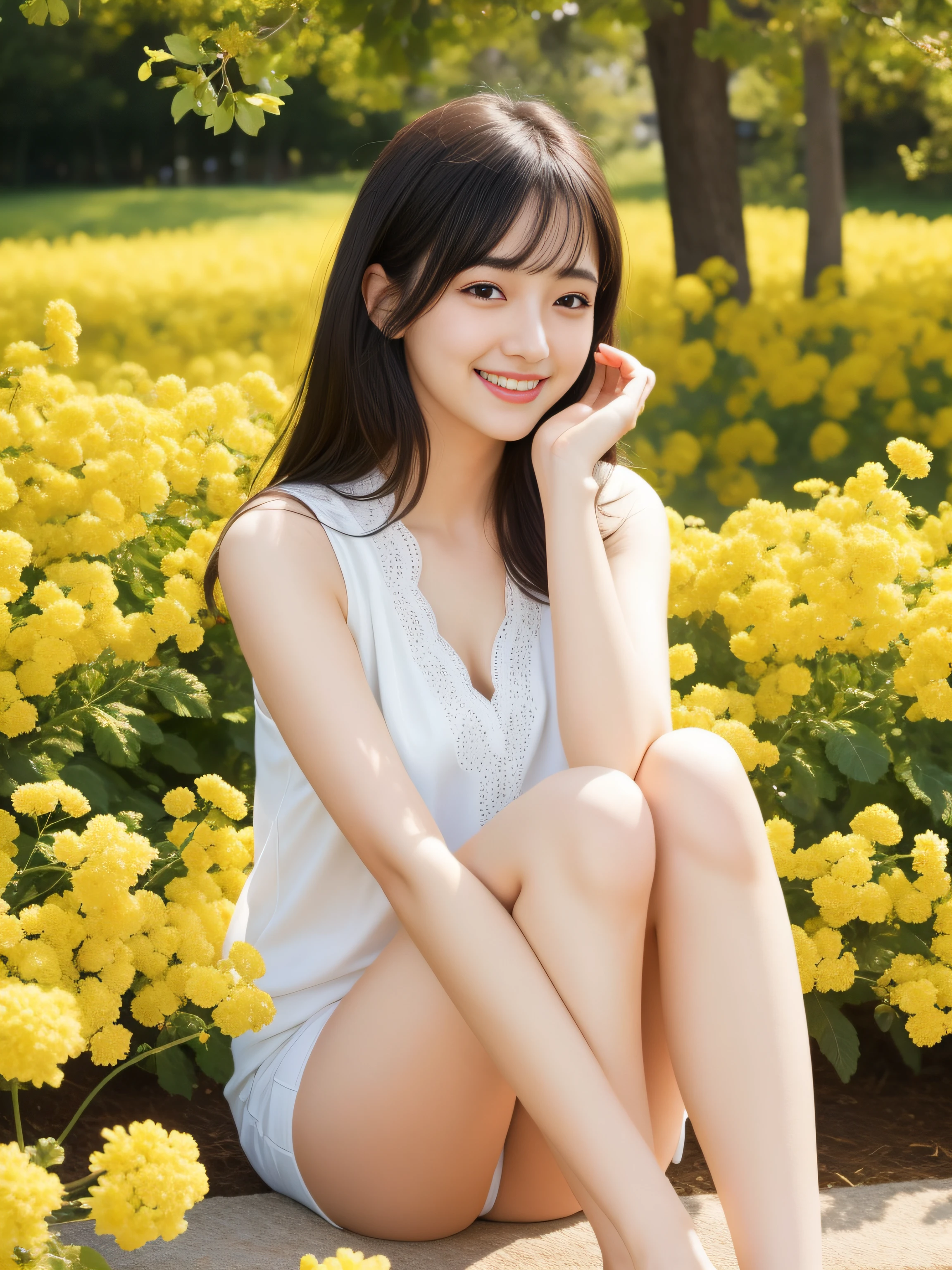 (Highly detailed CG Unity 8K wallpapers), (​masterpiece), (top-quality), (ultra-detailliert), (Best Shadows), (Photorealsitic:1.6), Real Human Skin, Lens Flare, Back lighting, bloom, depth of fields, natural soft light, Hard Focus, Film grain, Watch your audience, Cute AKB:1.2, a park、canola flower、(Triangular sitting)、 skiny, Thin skin, Soft lips, (Thin eyebrows: 1.4)、thighs thighs thighs thighs、white  panties、shiny brown eyes、Black straight hair、tiny chest、Beautiful detailed sky、beatiful detailed eyes、Happiness、A smile