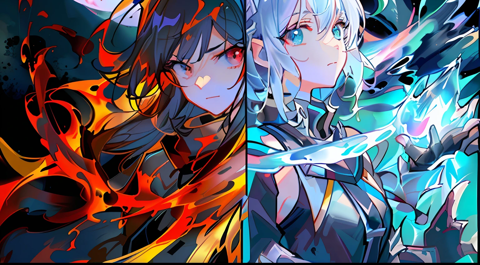 Anime characters with hair of different colors and black and white hair, vermillion and cyan, style of anime4 K, Anime art wallpaper 8 K, zerochan art, Anime art wallpaper 4 K, Anime art wallpaper 4k, Ice and fire, 4K anime wallpaper, Anime wallpaper 4 k, Anime wallpaper 4K, Epic anime style, Badass anime 8 K, anime wallpaper