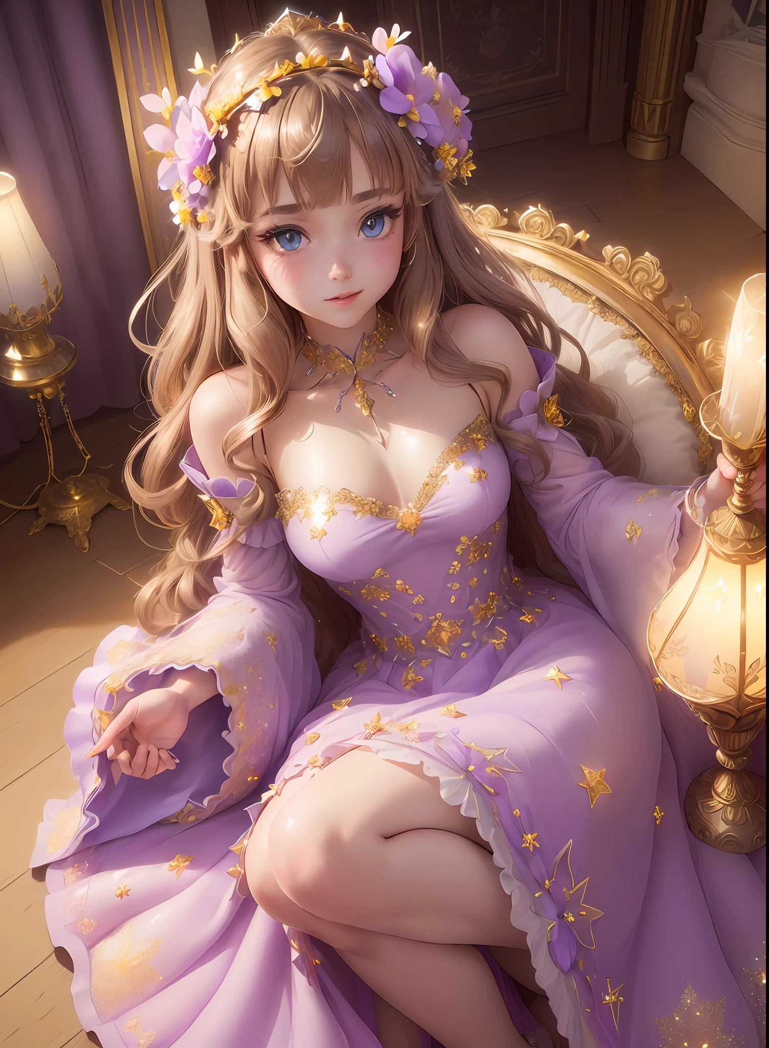 masterpiece, (((best quality))), ((highly detail eyes)), ((perfect eyes)), ((((beautiful eyes)))), both eyes are the same, smooth, (((((perfect face))))), extremely detailed 8K, high resolution, ultra quality, glare, Iridescent, Global illumination, real hair movement, realistic light, realistic shadow, perfect quality, detailed shadow and light, pixar, ((FANTASY)), ((MAGIC)), (((cinematic light))), colorful, hyperdetail, dramatic light, intricate details, best quality, (extremely detailed CG unit 8k wallpaper, masterpiece, best quality, ultradetailed, best shadow), (detailed background: 1.4), (beautiful and detailed face, beautiful detailed eyes), High contrast, (better lighting, extremely delicate and beautiful) beautiful and detailed brightness, 3D, HIPER quality, 2K, 3K, 5K, 6K, 7K, 8K, ((((cute and delicate girl)))), ((((light brown hair))))),((medium hair)), ((((kawaii)))), ((cute eyes))) , ((((kawaii eyes)))) ((((Princess)))), ((((Princess flower crown)))) (((((LONG FLOWER BIG KAWAII dress detailed glitter pastel PURPLE crystal princess dress))))), shiny crystal shoes, ((gold accessories, gold earrings, flower accessories, pearl accessories)),((happy expression)), (((((blue crystals))))) ((((INTERIOR OF THE CASTLE, CASTLE ROOM WITH FLOWERS, CASTLE ROOM WITH SUNSHINE, COZY CASTLE, BRIGHT CASTLE, CASTLE ROOM WITH LAMPS, PILLOWS))), ((WATER FOUNTAIN WITH ROSE FLOWERS)))) (((SHINES, SPARKLES)), GOLD, (((sparkles))), ((shiny butterflies flying)),