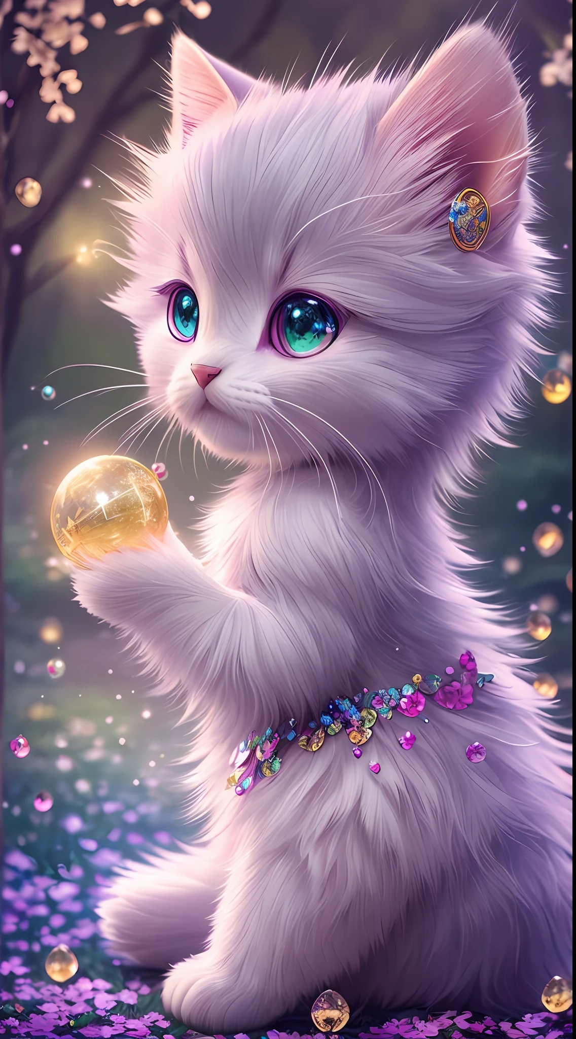 side view, oversaturate, colorfully, Fairytale, dreamlike, Cinematic character render, oil painting, 3D, 8k resolution, sequins, glitter, sakura forest, moonlight, Close up Portrait adorable chibi kawaii anthropomorphic kitten king, Detailed eyes, large round reflective eyes,