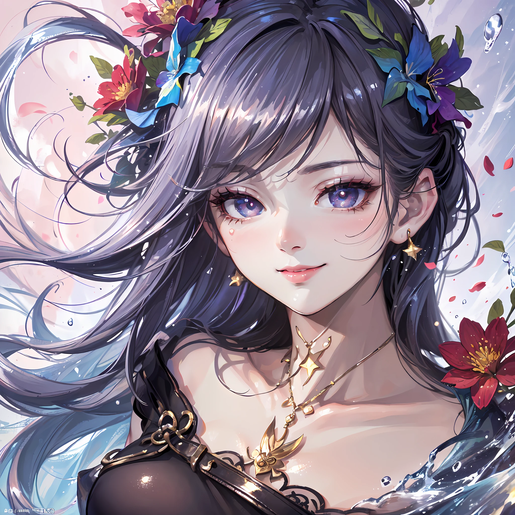 (Dynamic perspective,head,headshot,Facial close-up,sky,water,imid shot, flower effect,particle effect,artistic effect:1.2), (floating and spread hair, smirk, naughty face ,big breasts,:1.2), (detailed and delicate and flexible eyes),(1girl,solo,fuxian (Honkai Star Rail),splash ink, ), (corrpution:1.15), fov,f/1.8, side lighting, sunlight ,(masterpiece, best quality, Ultra Detail, wallpaper, detailed shiny skin, flawless, 8k, RAW, highres,absurdres,:1.3), (detailed super oily shiny skin:1.1), colorful, power,zhenbanqiao,bonian