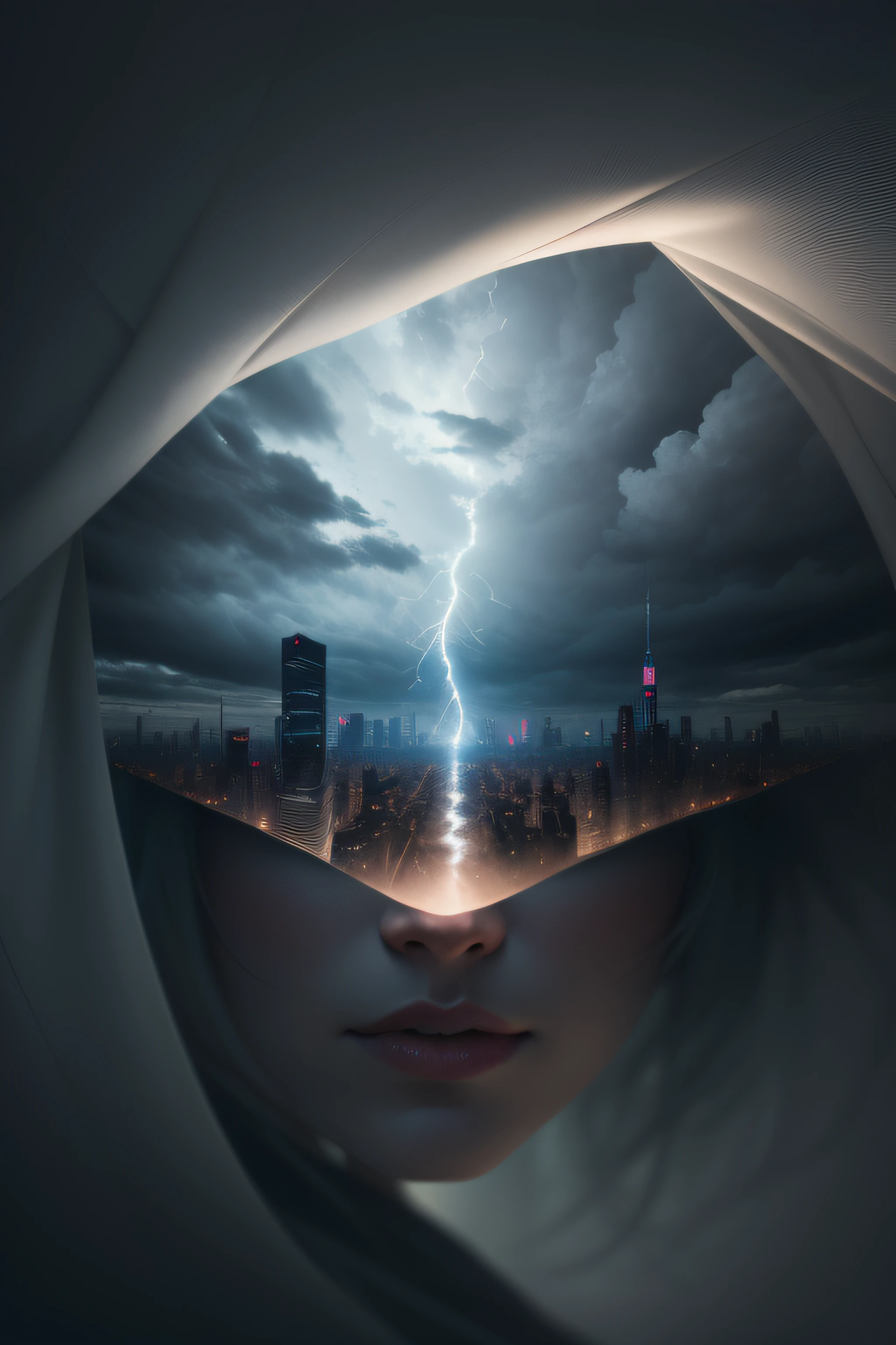 cyberpunk [foggy cityscape in the distance : very pretty girl, city:0.33] immersed in a giant flow of wind, living in a thunder cloud, behind the cloud, (double exposure:1.3), photo by Brandon Woelfelmist, surreal dream, gray atmosphere, rainy day, dynamic, lut, hdr
