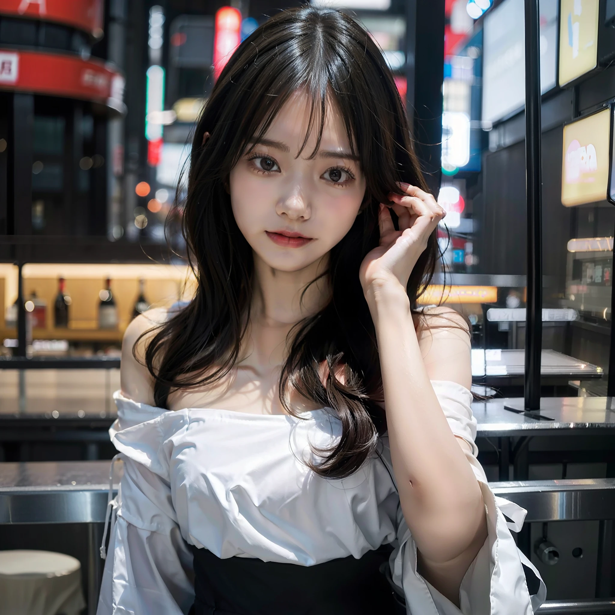 1girl in、Streets of Tokyo、Daytime、A city scape、city light、in 8K、Raw photography、top-quality、masterpiece、realisitic、Photorealsitic、1girl in、Daytown、Pulling photo、de pele branca、off shoulders、resturant、cold light、Long、half up、a bar counter