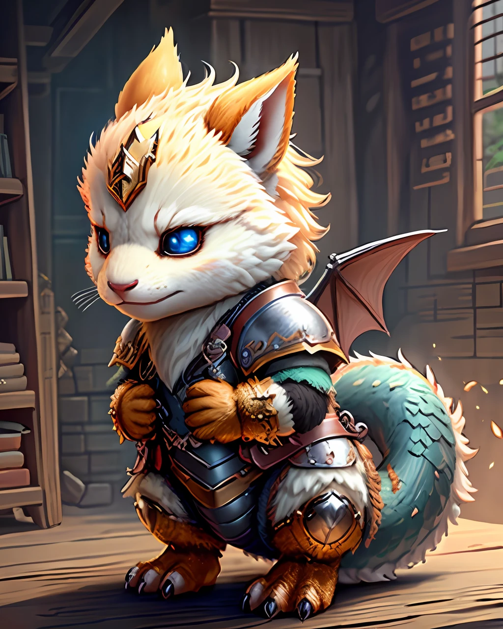 super cute fluffy dragon in armor, photorealistic, 8K, ultra detailed, vray rendering, unreal engine, midjourneyart style,
