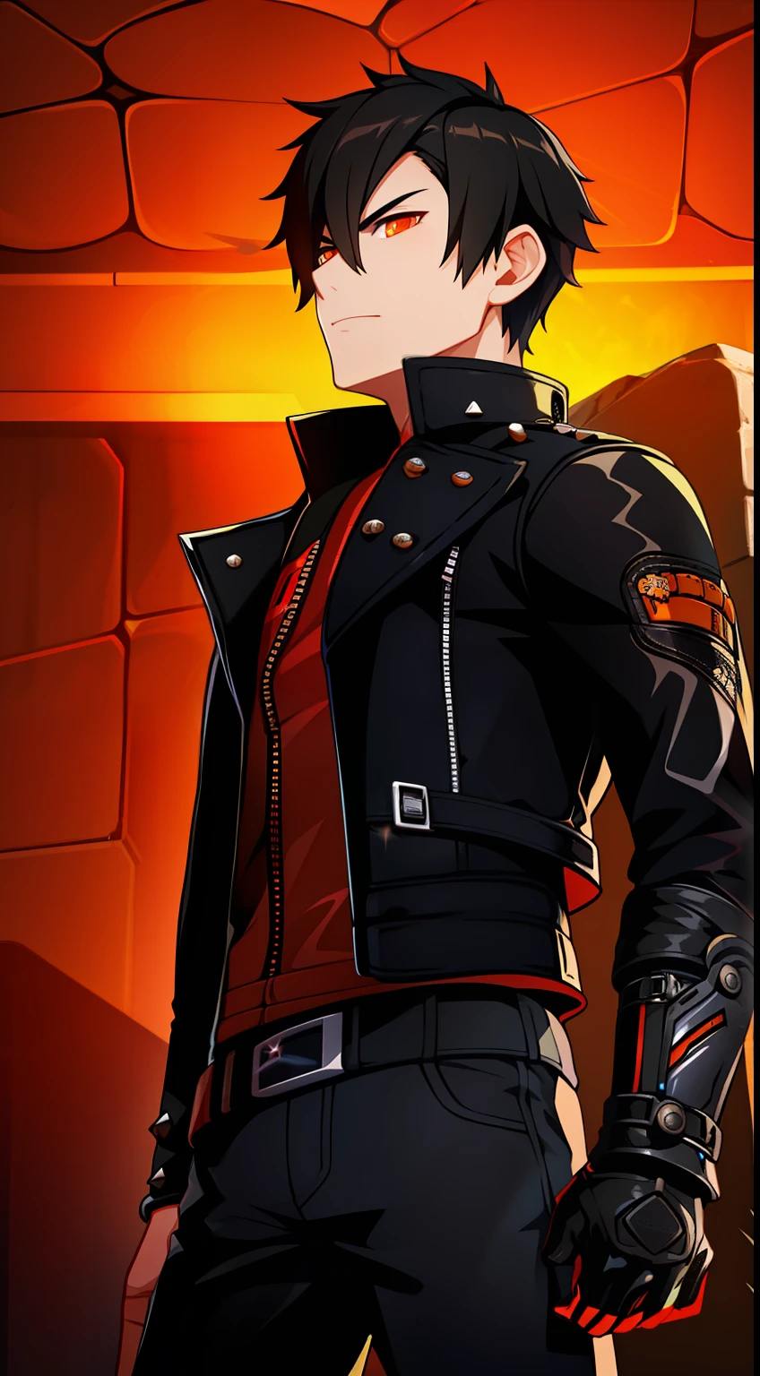 Grown-up guy, short black hair, Orange Eyes, leather jacket with spikes, circuits, Ghost Rider, Masterpiece, hiquality